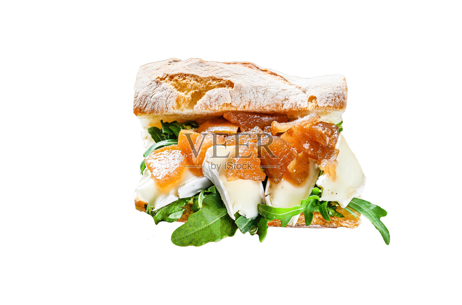 法棍三明治配软奶油芝士、梨和甜菜。孤立在白色背景上。前视图。照片摄影图片