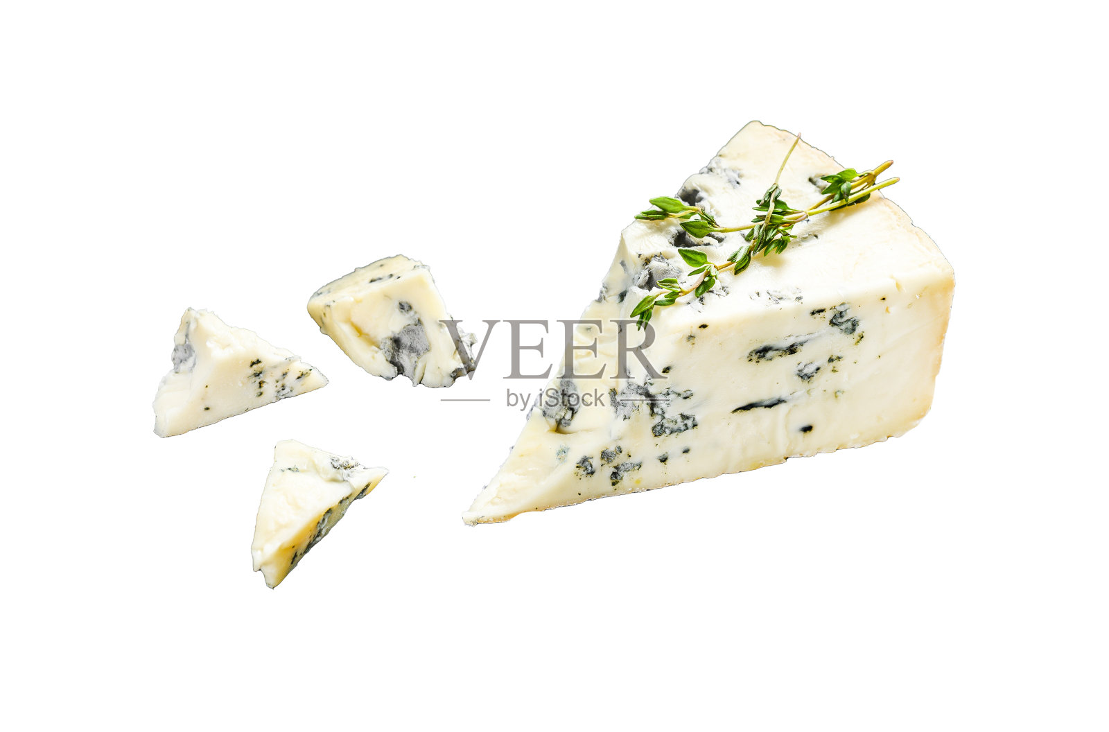 蓝色的三角形奶酪孤立在白色的背景。前视图。照片摄影图片