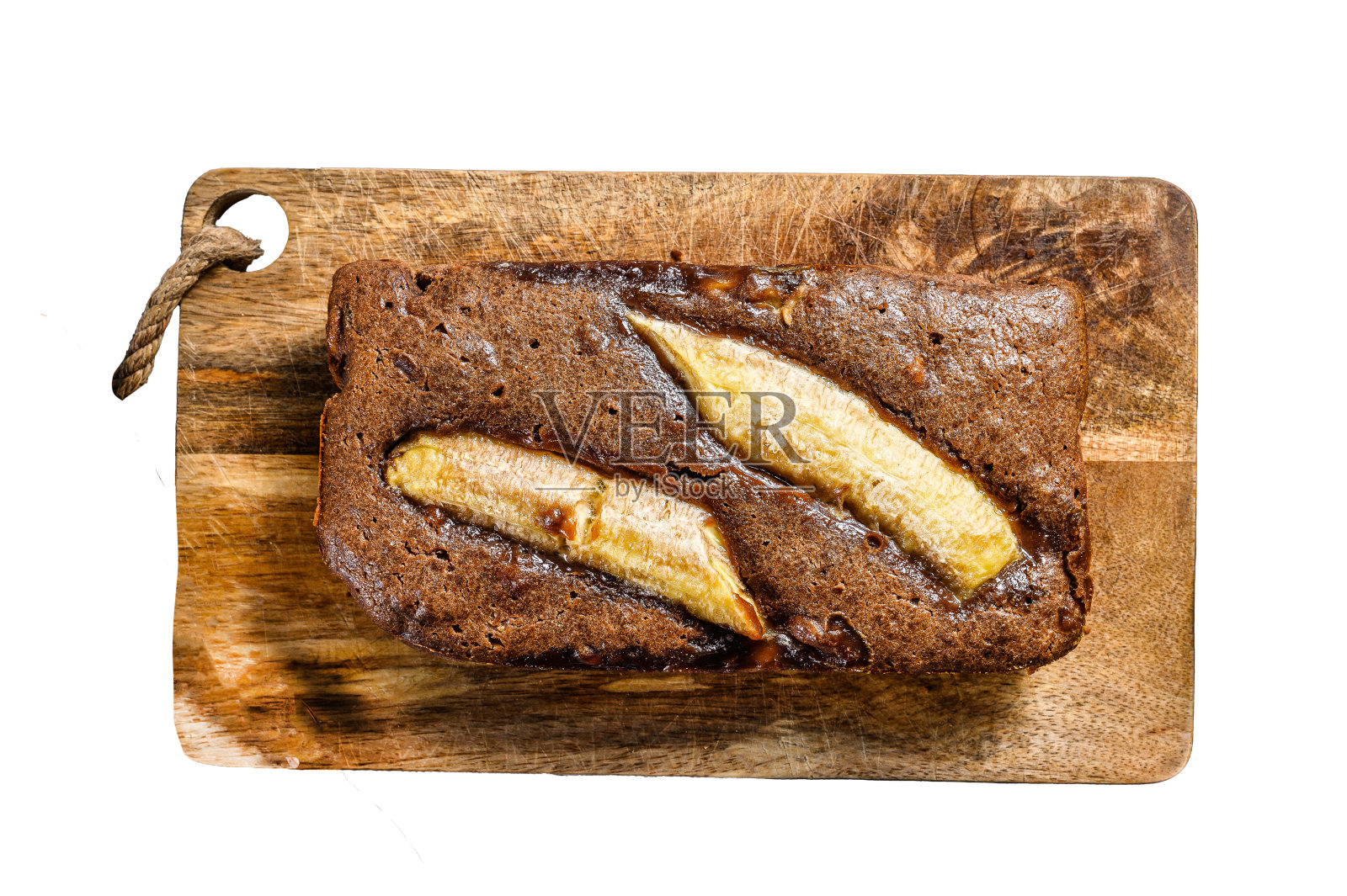 自制香蕉巧克力坚果面包。孤立在白色背景上。前视图。照片摄影图片