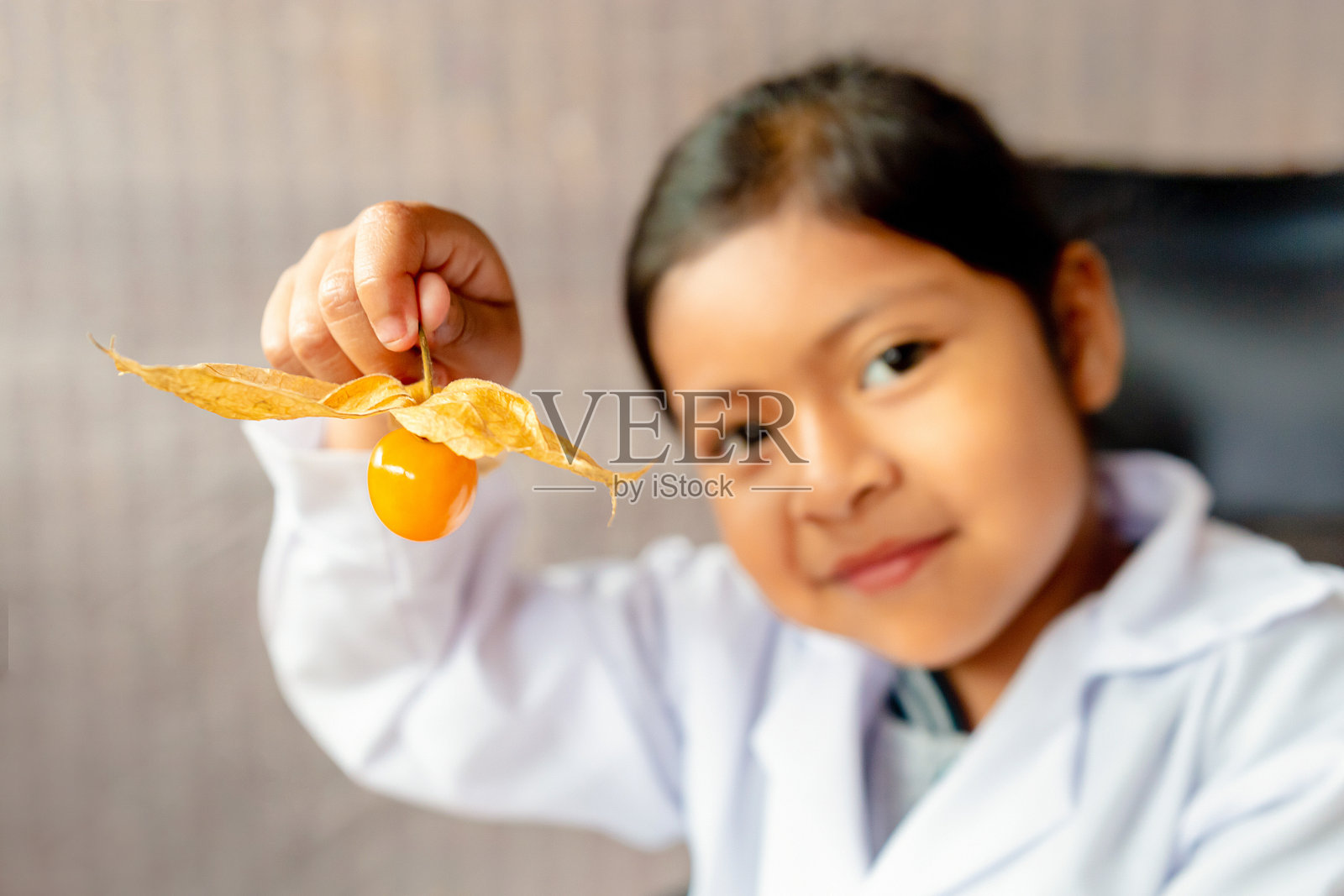 前景中的小女孩手里拿着Capulí或Aguaymanto水果。有选择性的重点。Copyspace。照片摄影图片