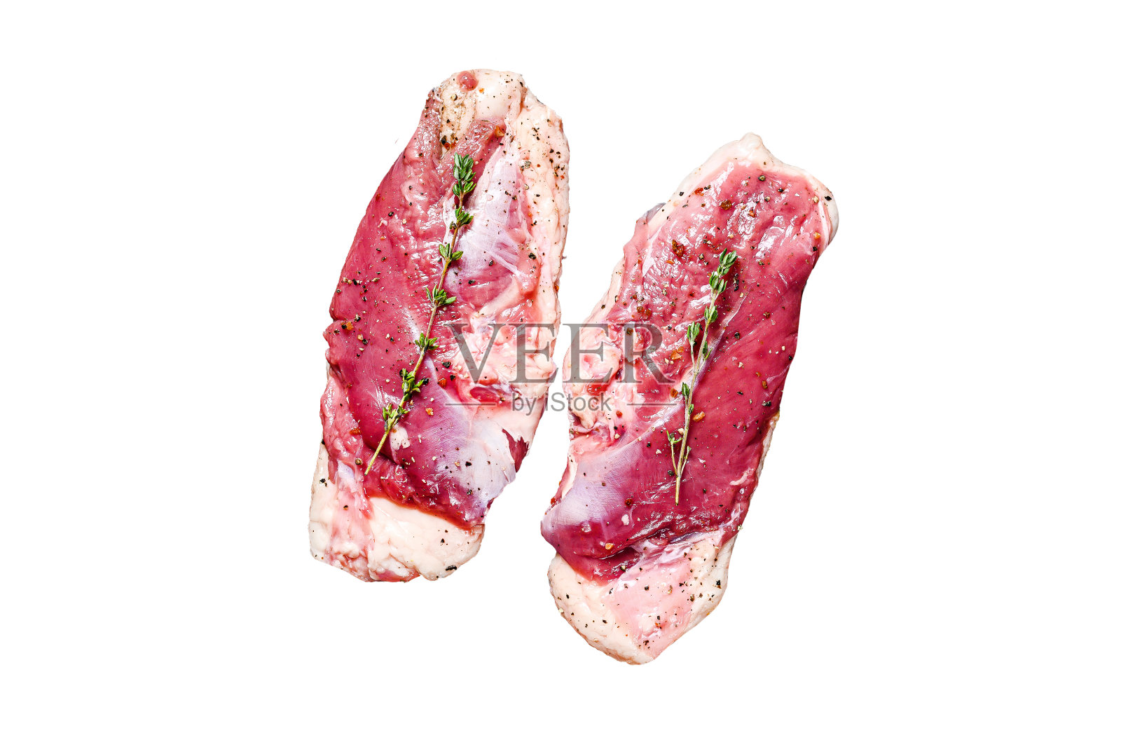 生鸭胸孤立在白色背景。前视图。照片摄影图片