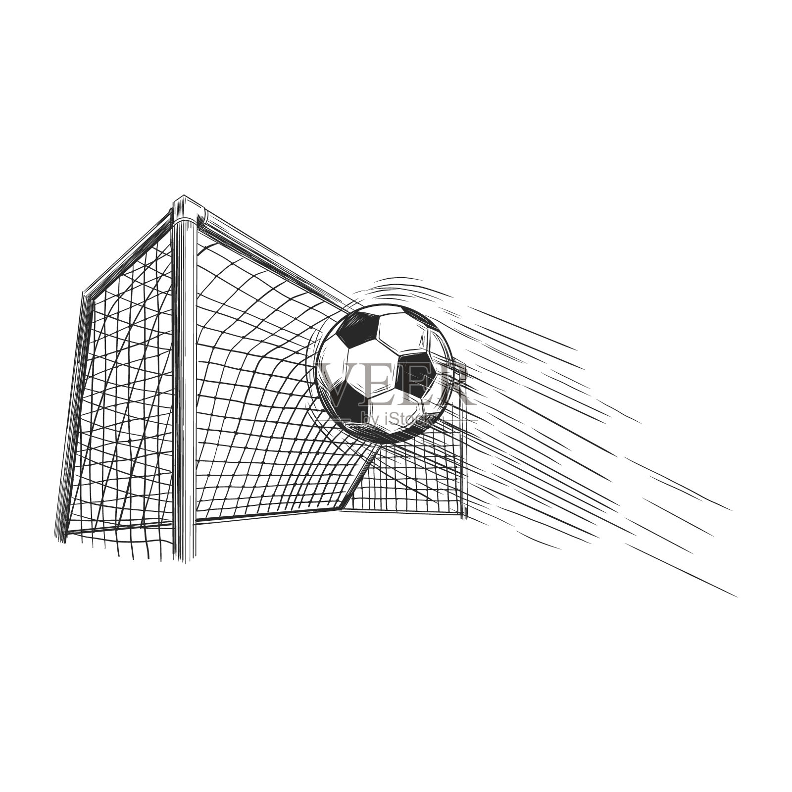 足球球进了门。足球在球门网素描雕刻矢量插图孤立的白色。赢，体育比赛，比赛，赢家，比赛插画图片素材