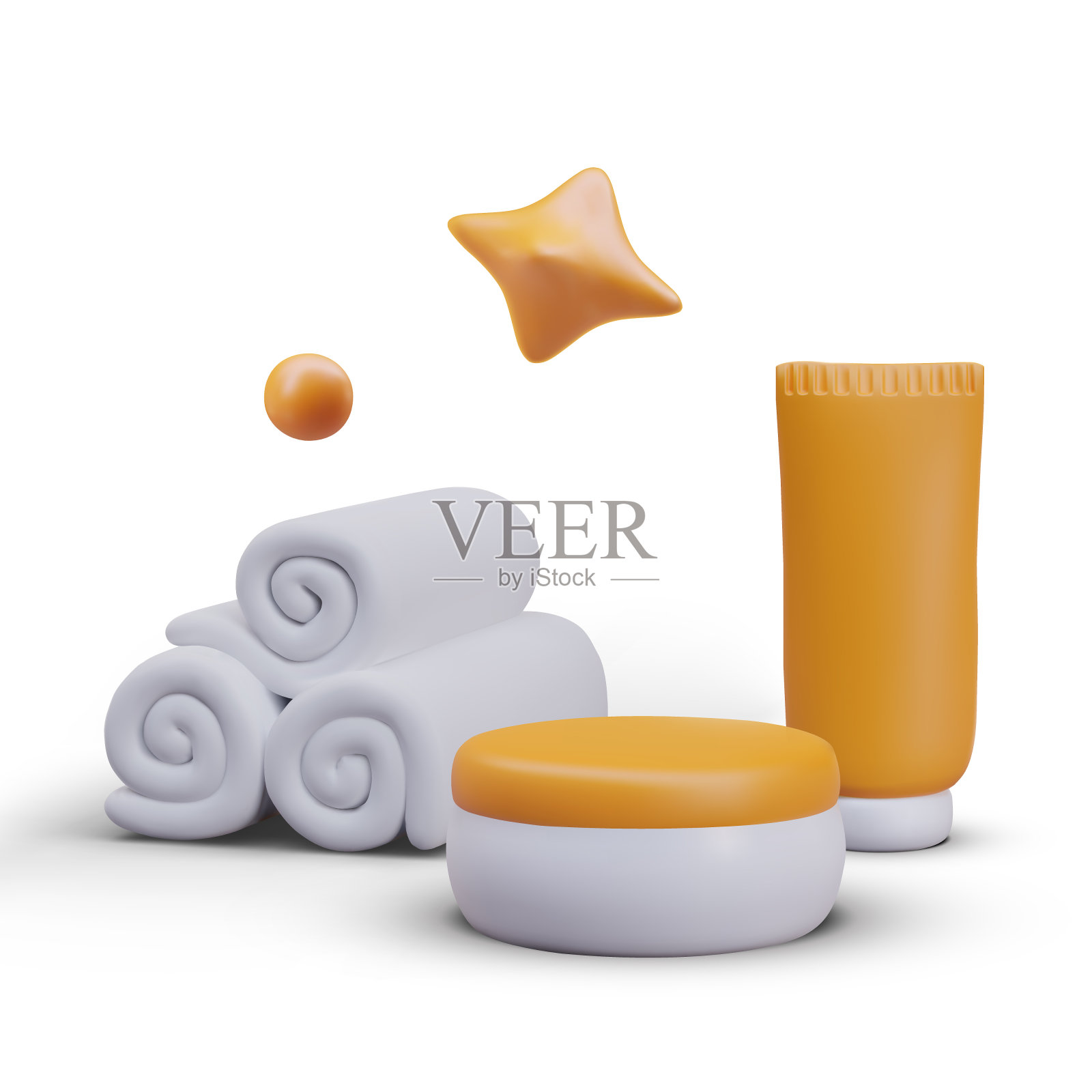 收集毛巾卷，圆形罐子与磨砂膏和包装容器的皮肤护理插画图片素材