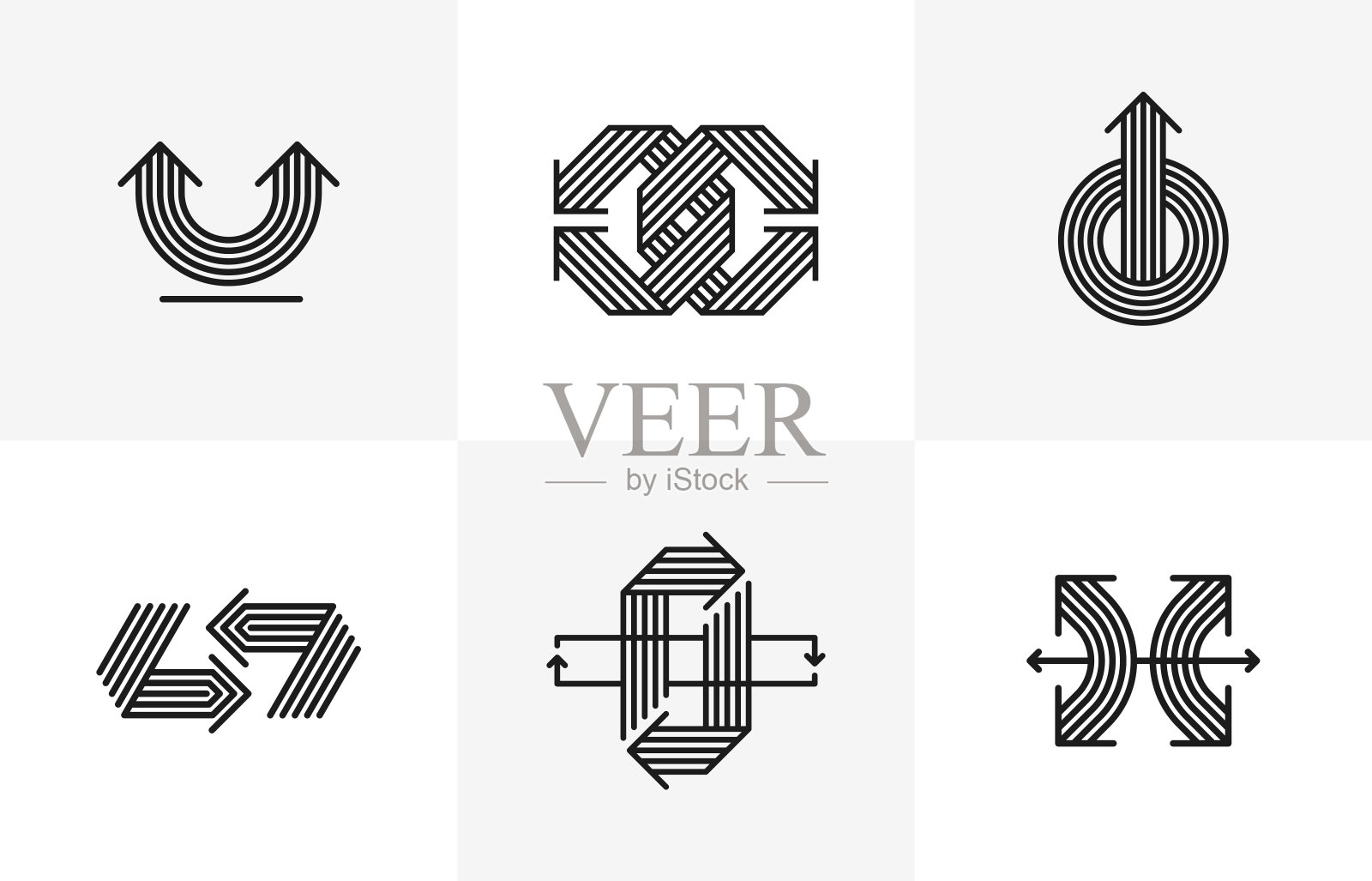 箭头矢量原标志集孤立，象形符号双箭头动态标志集合，线性图标概念。插画图片素材