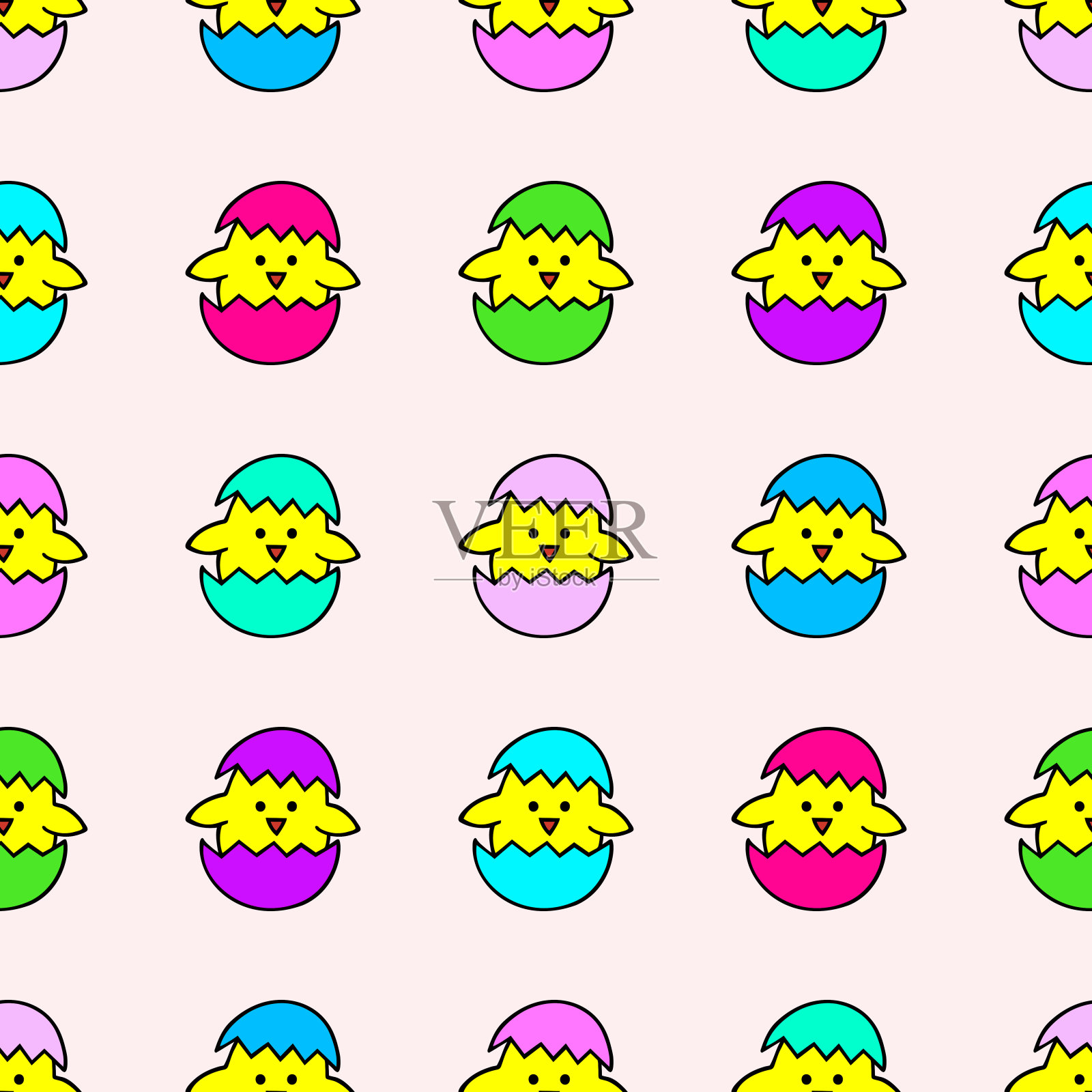 明亮的无缝插图与小鸡在蛋壳。矢量图。复活节插画图片素材