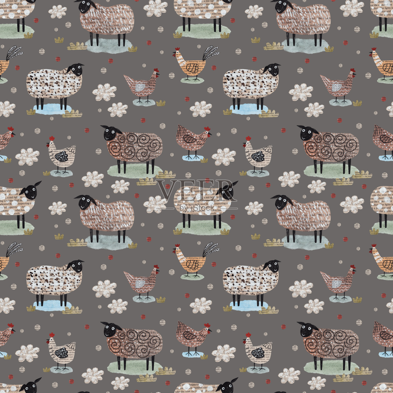 羊和鸡。报纸拼贴。孩子们的打印。无缝模式。插画图片素材