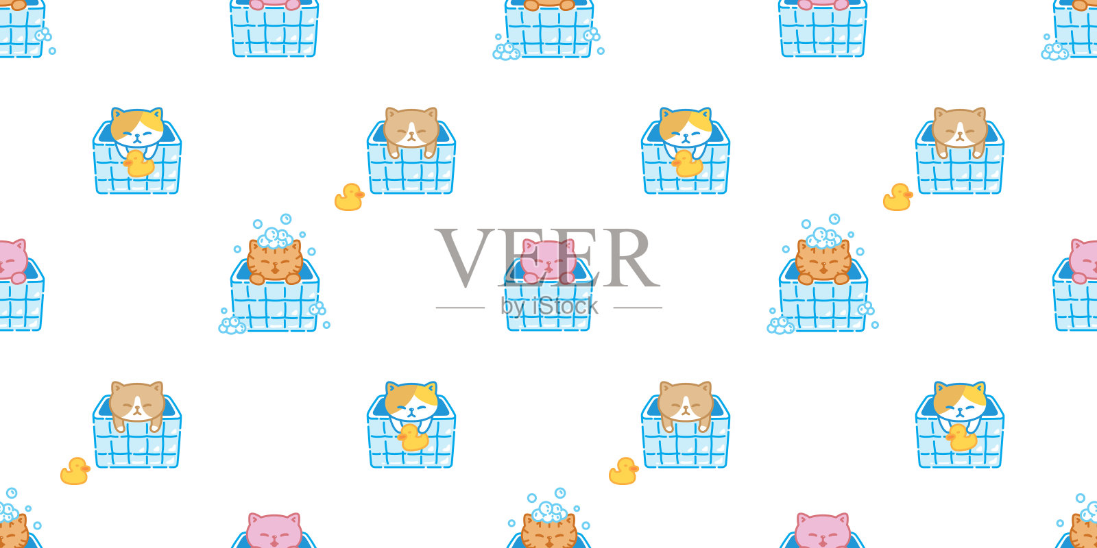 猫无缝图案淋浴浴室浴缸肥皂泡泡小猫印花布小可爱矢量卡通宠物贴纸涂鸦礼品包装纸瓷砖背景重复壁纸插图孤立的设计插画图片素材