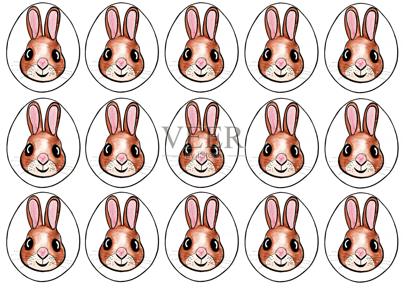 兔子图案刻在复活节彩蛋上的兔子肖像图案白色背景。插画图片素材