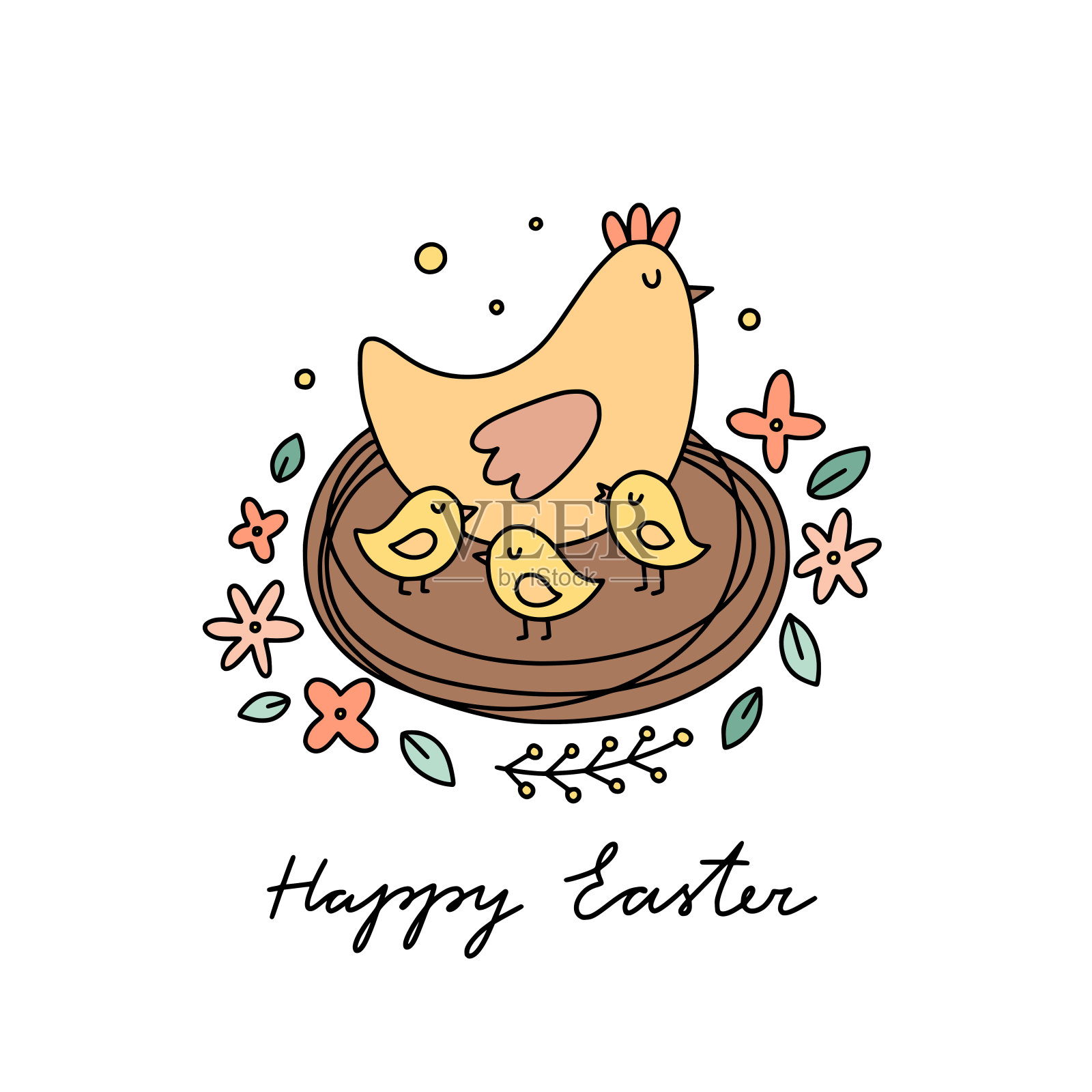 快乐的复活节矢量卡。可爱的复活节插图，小鸡和小鸡在一个窝插画图片素材