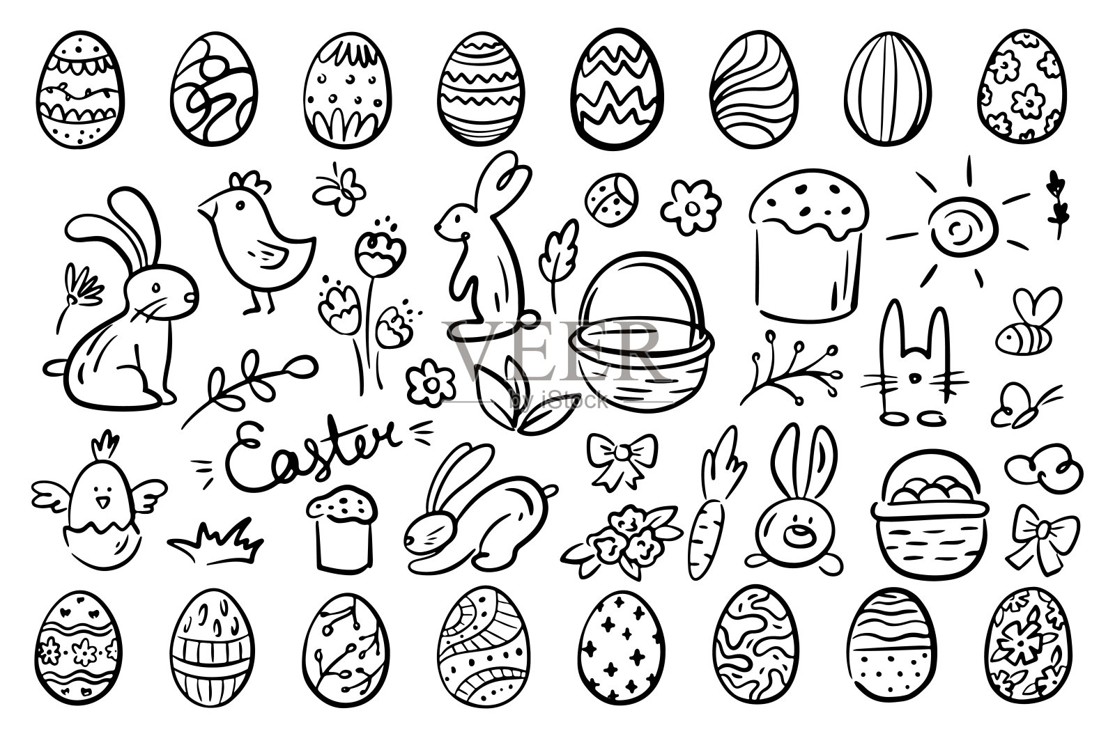 季节性复活节兔子人物和巧克力蛋涂鸦。矢量隔离的单色轮廓草图的动物吉祥物，蛋糕和篮子狩猎。阳光和鸡壳，植物和树枝插画图片素材