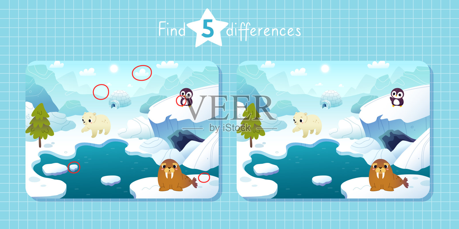 卡通迷你游戏与北极动物的孩子。找到差异矢量游戏与北极。插画图片素材