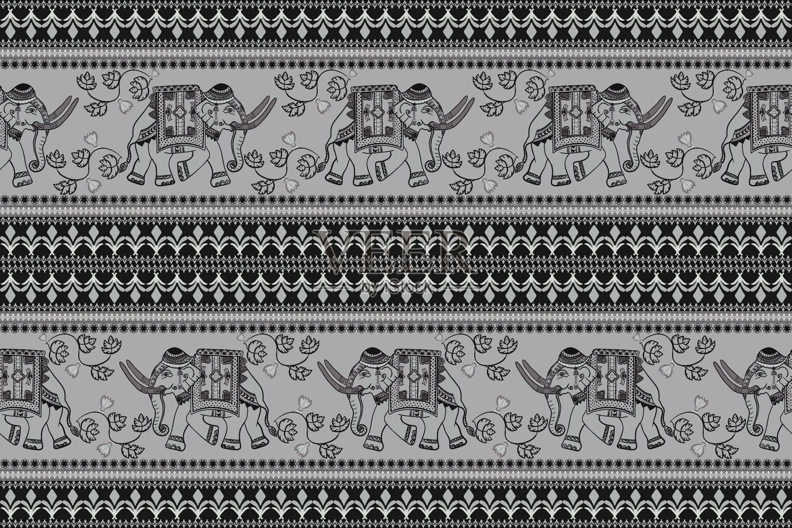 黑色大象花图案，概念为元素裤设计，大象图案无缝设计。泰国图案面料媒体印花，伊卡特大象与传统泰国民族图案的边界。插画图片素材