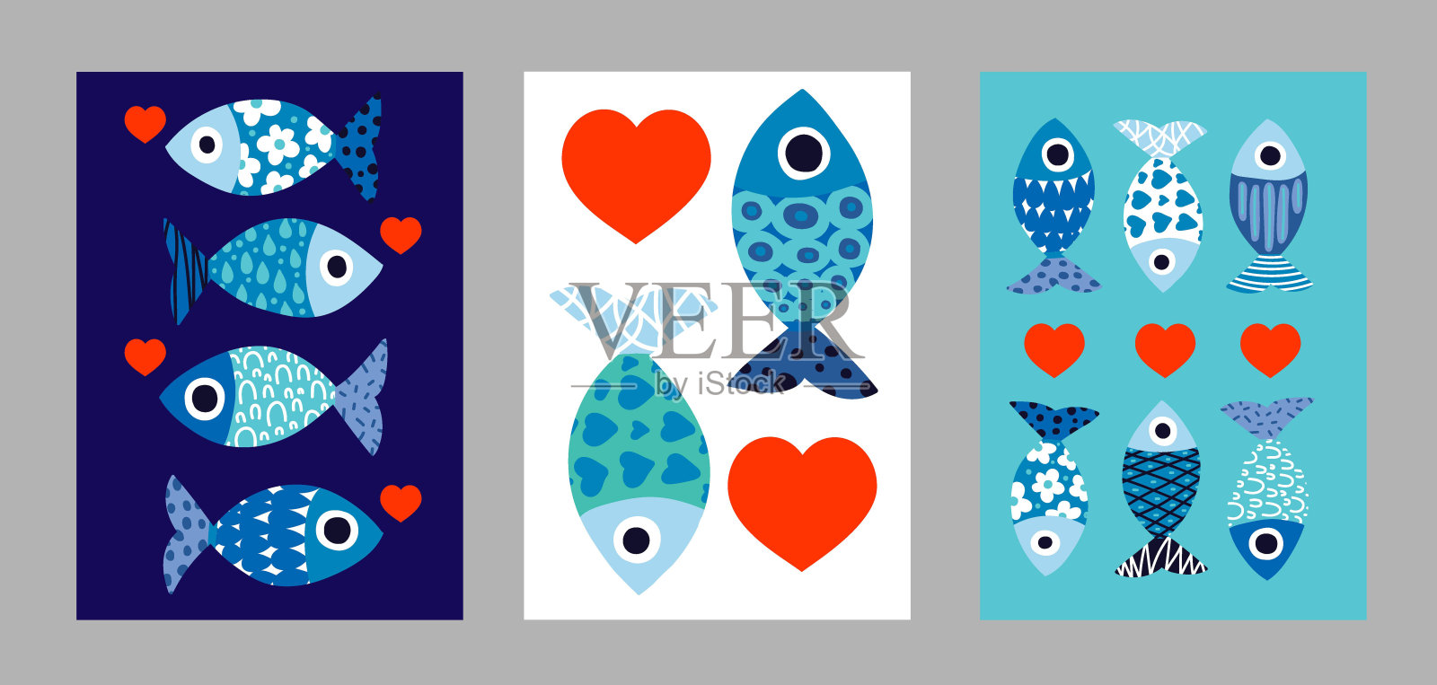 有鱼和心的海报。插画图片素材