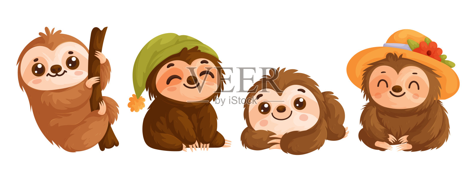 一组四只可爱的树懒。棕色和棕色的树懒摆出不同的姿势。卡通矢量风格。插画图片素材