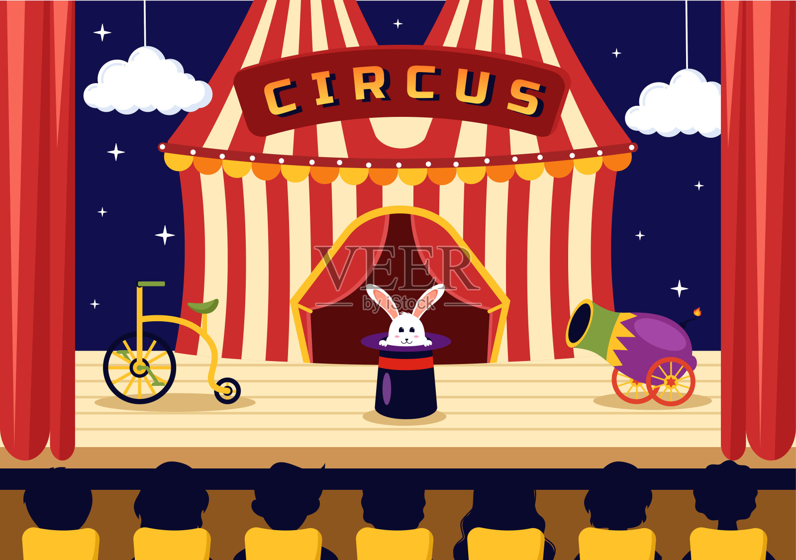 马戏团矢量插图与体操运动员，魔术师，动物狮子老虎，主持人，艺人，小丑和游乐园在平面卡通背景插画图片素材