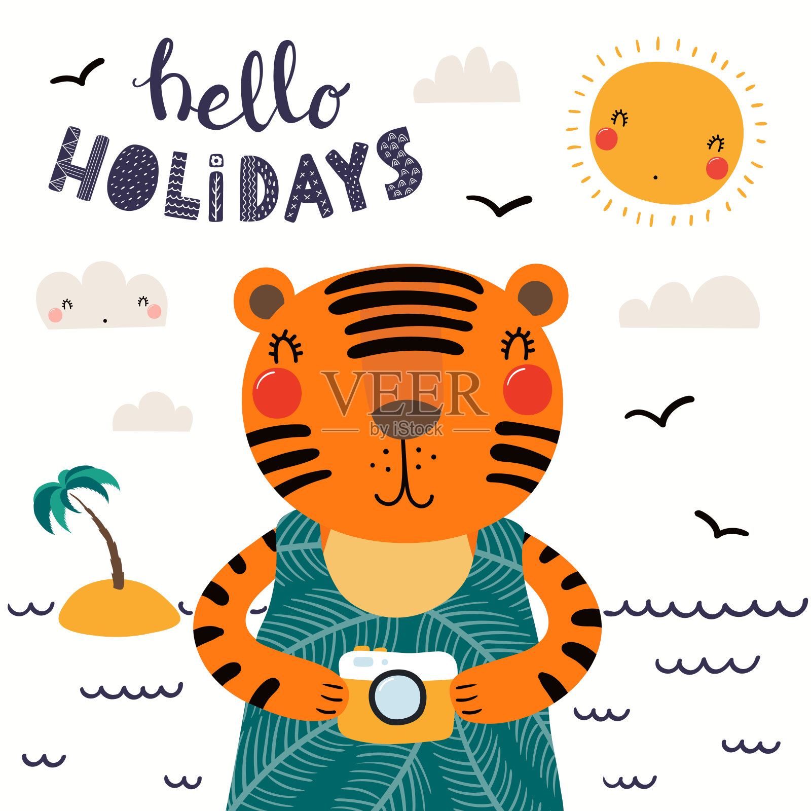 夏天可爱的老虎插画图片素材