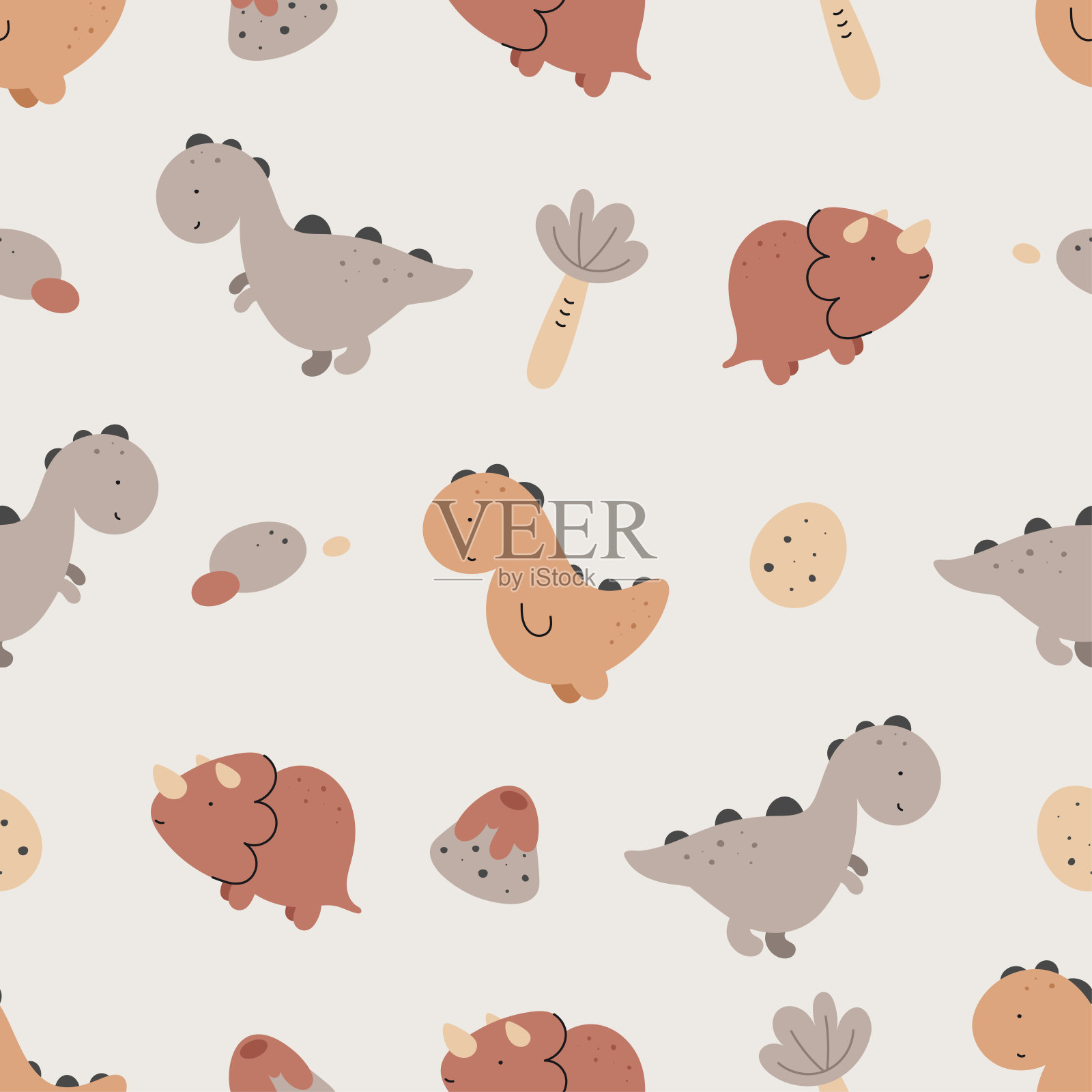 无缝图案与可爱的恐龙。平面卡通矢量背景。用于织物、包装、纺织品、墙纸、服装的创意质感。插画图片素材