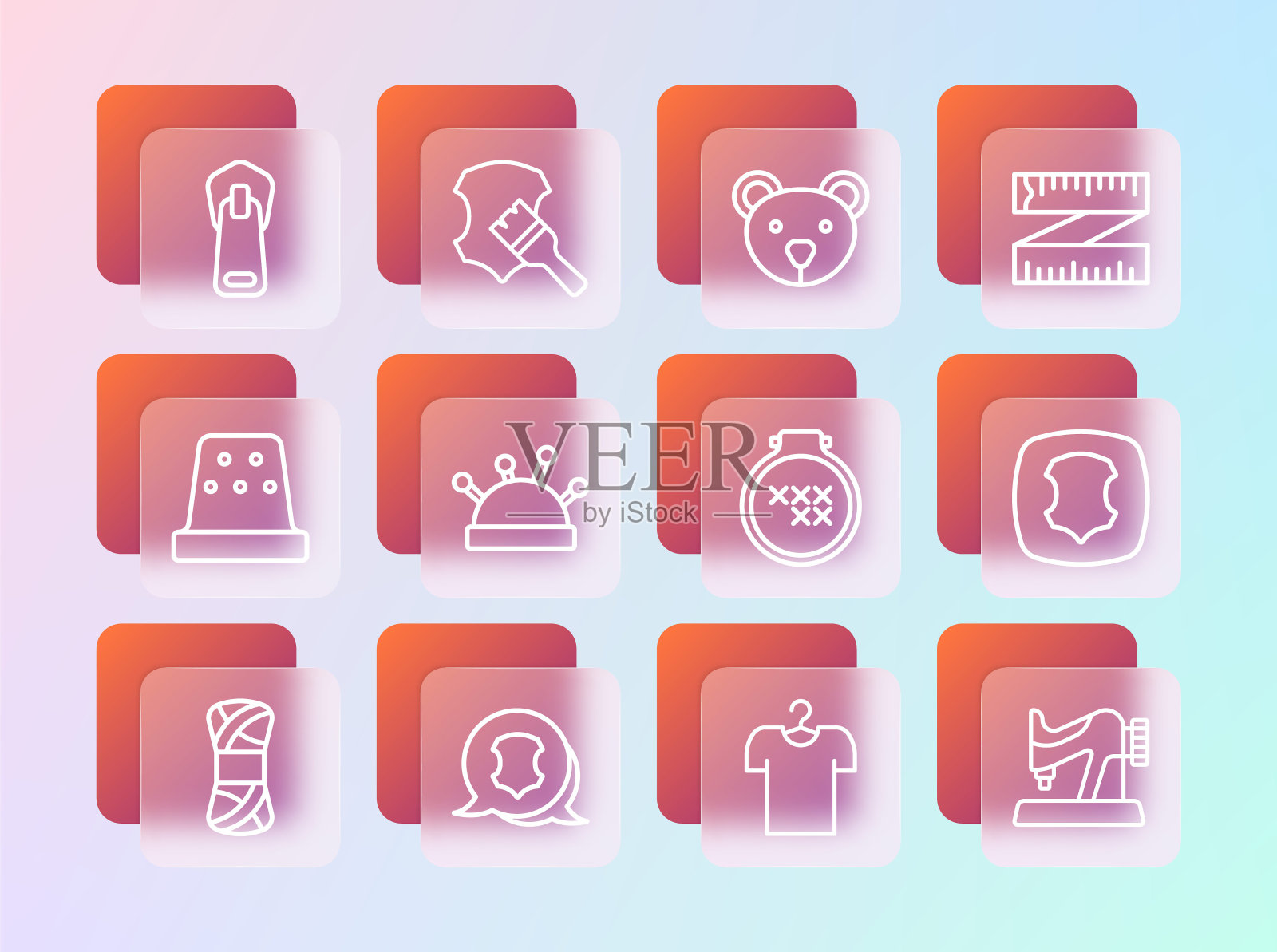 集线卷尺，皮革，圆形可调节的刺绣箍，衣架上的t恤，针床和针，泰迪熊毛绒玩具，拉链和图标。向量插画图片素材