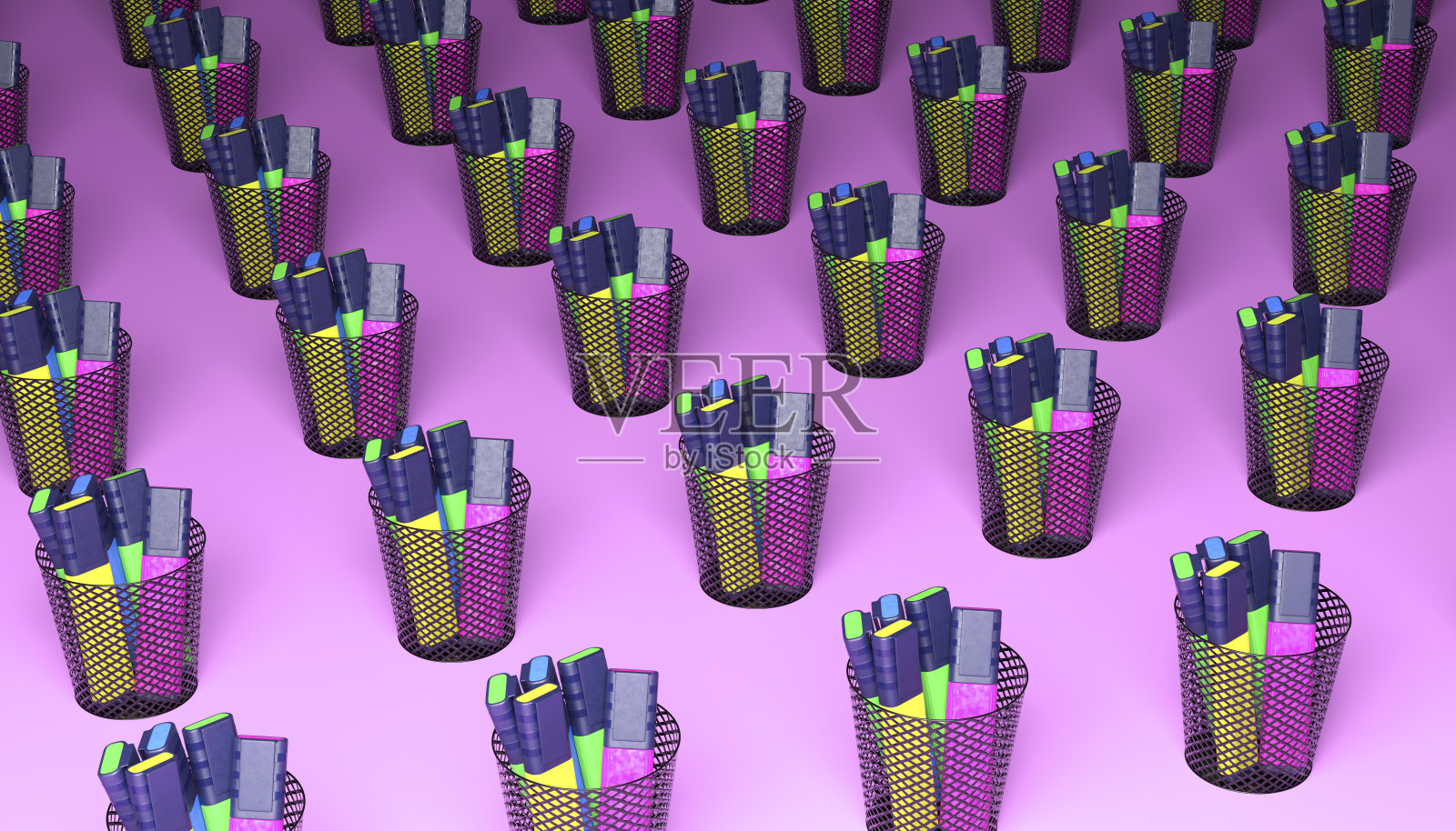 大组网格笔筒排在一个紫色的背景3d渲染图像，高角度视图照片摄影图片