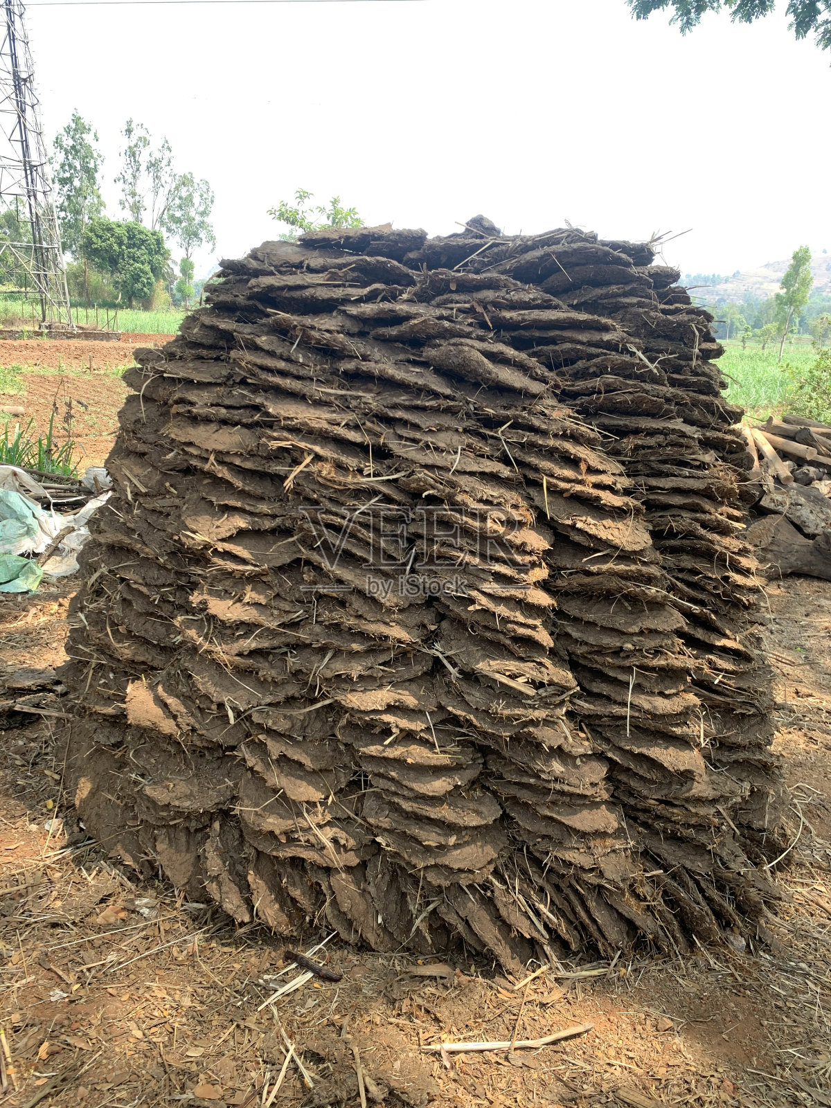 一堆由畜牧业副产品制成的干牛粪饼。在印度，它被用来制作hawankund, dhup和作为粘土炉的燃料。照片摄影图片