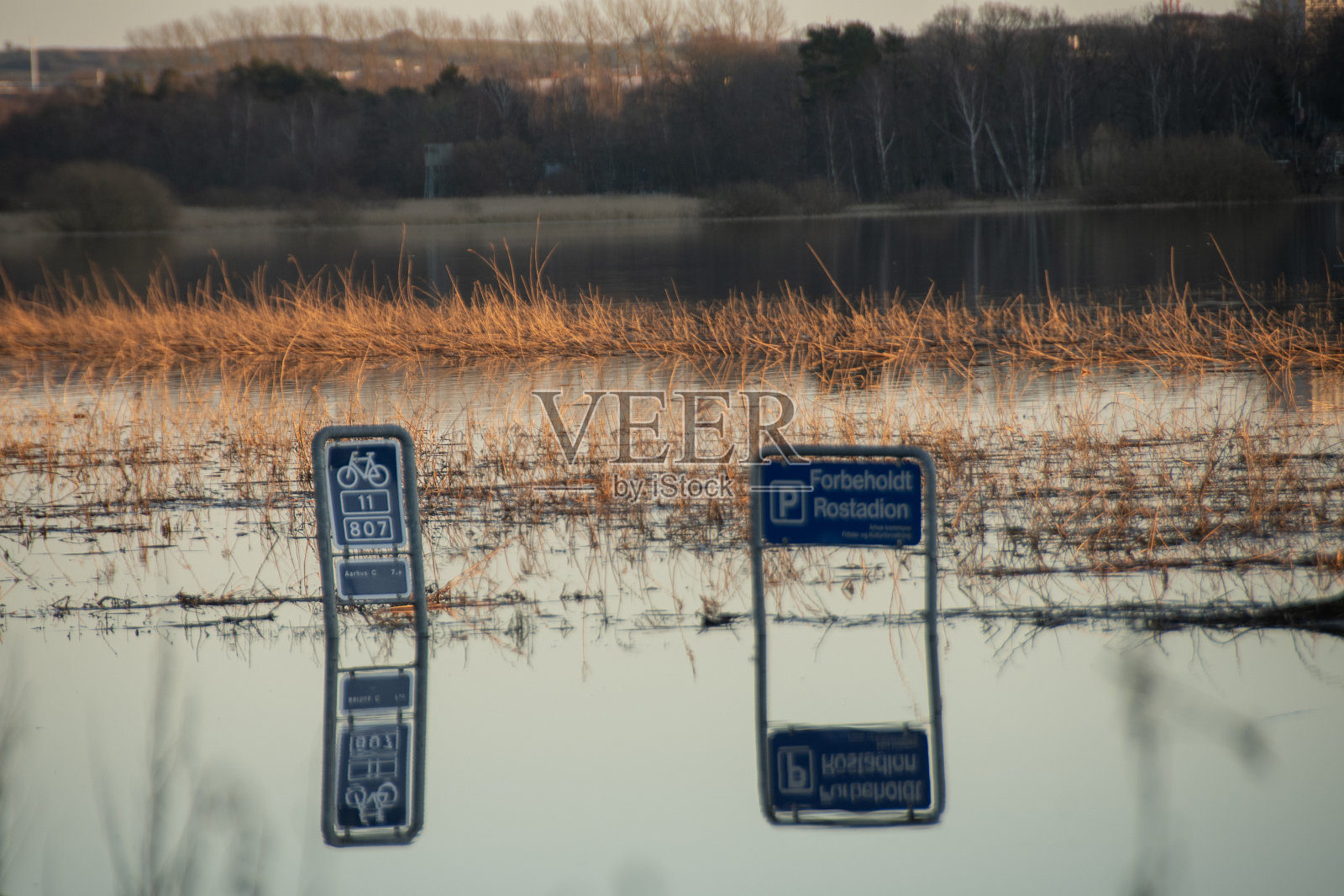 市中心的一个湖泊出现洪水和水位升高，有迹象表明湖水被淹没了照片摄影图片