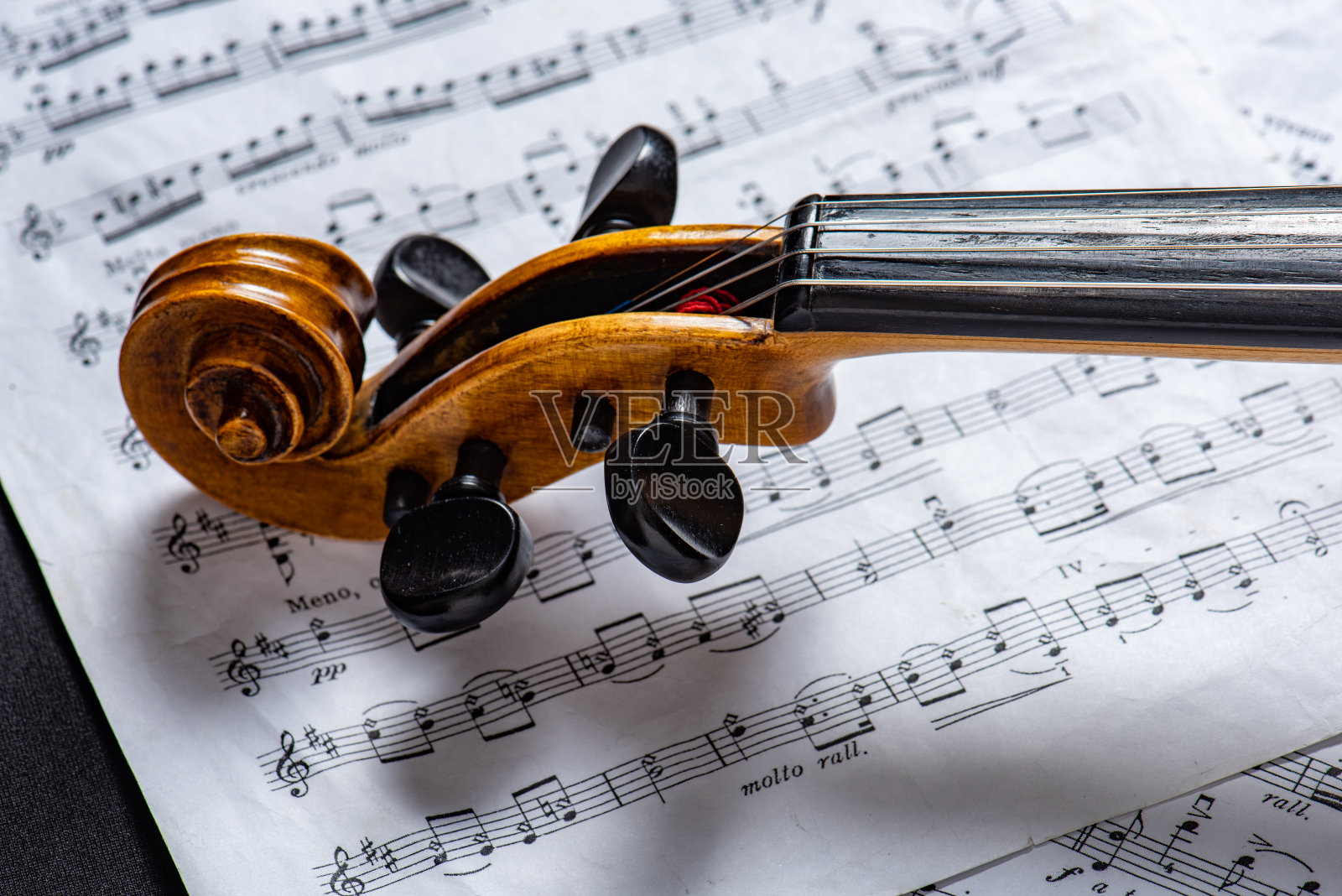 音符上方小提琴细节的特写照片摄影图片
