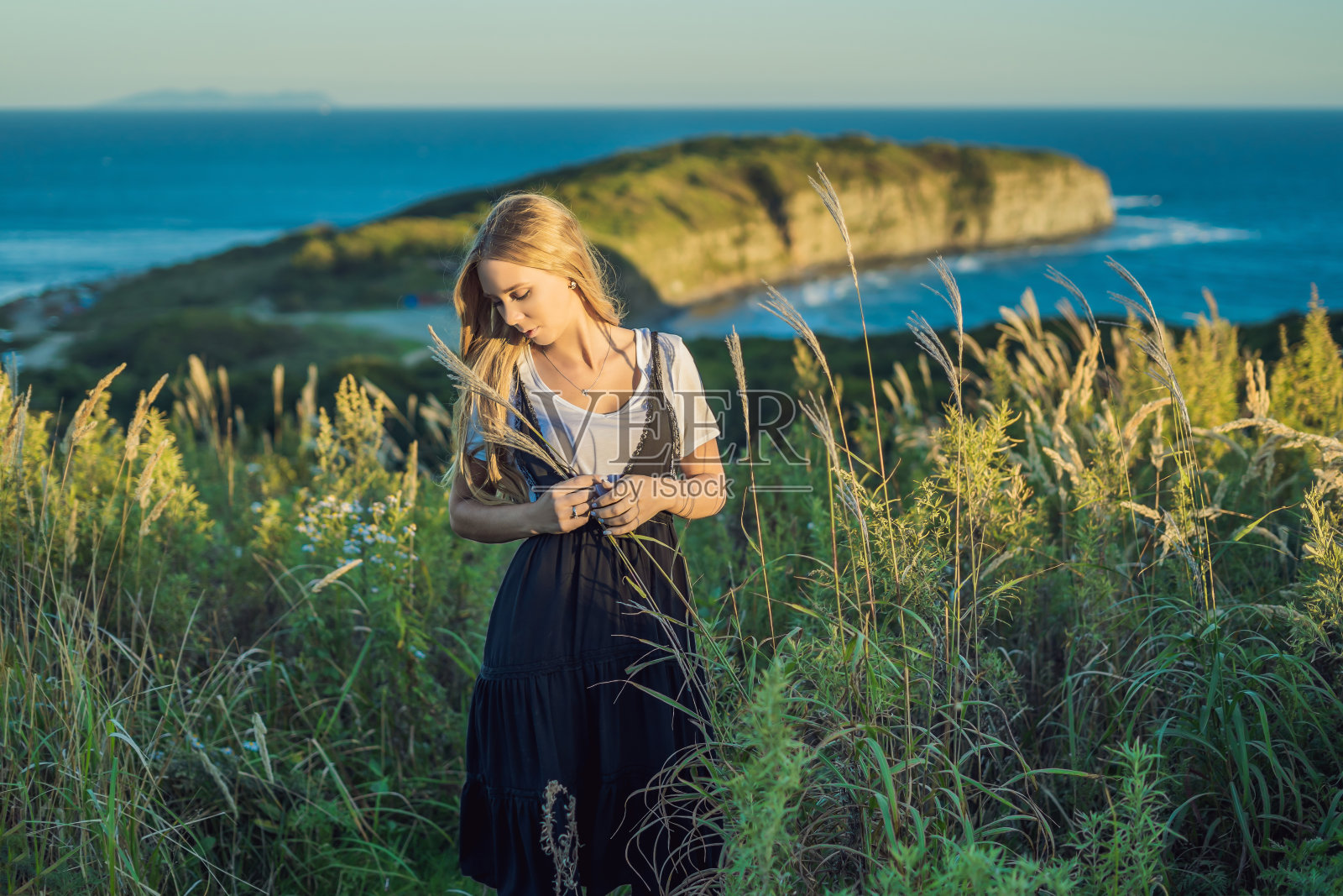 年轻美丽的女子在秋日的山水中带着干枯的花朵，麦穗。时尚秋冬。阳光明媚的秋天，时尚写真照片摄影图片