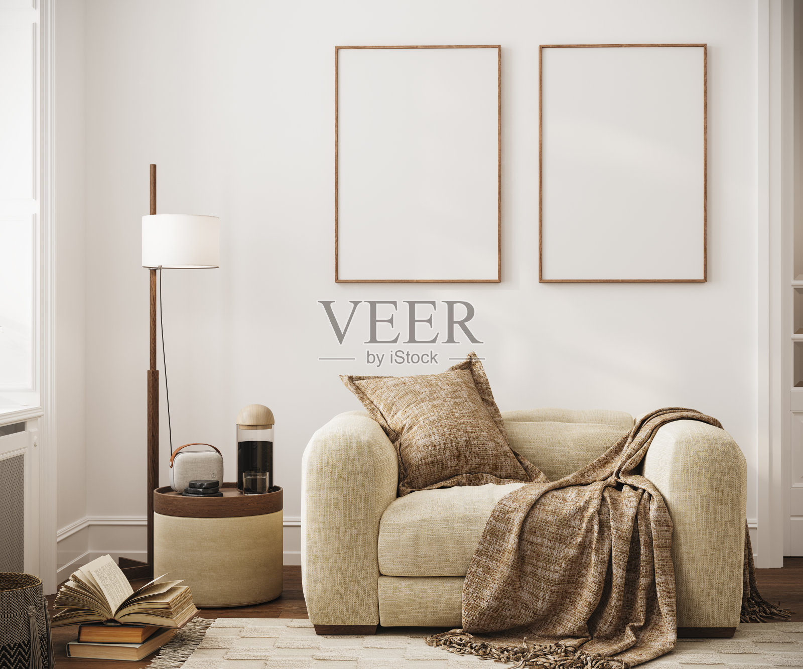 模拟海报框架在现代室内背景，客厅，斯堪的纳维亚风格照片摄影图片