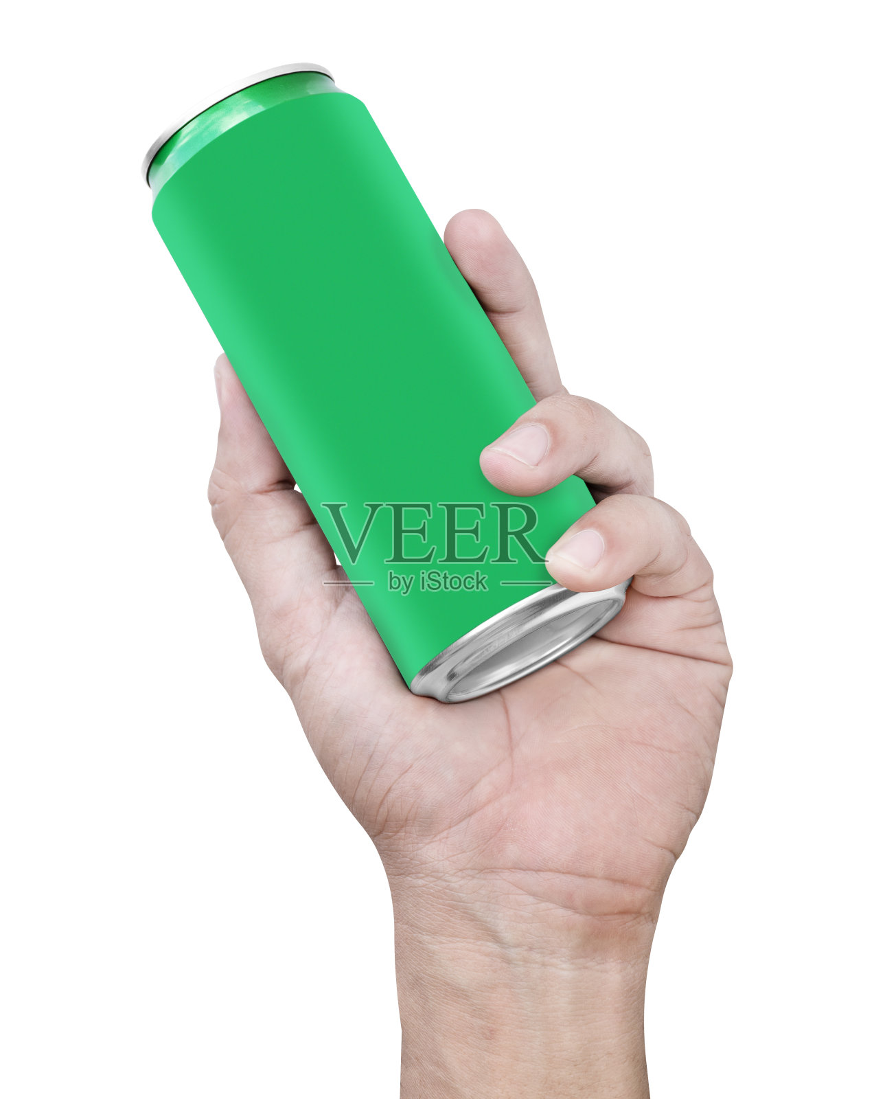 手持样机绿色铝可以隔离在白色背景与剪辑路径照片摄影图片