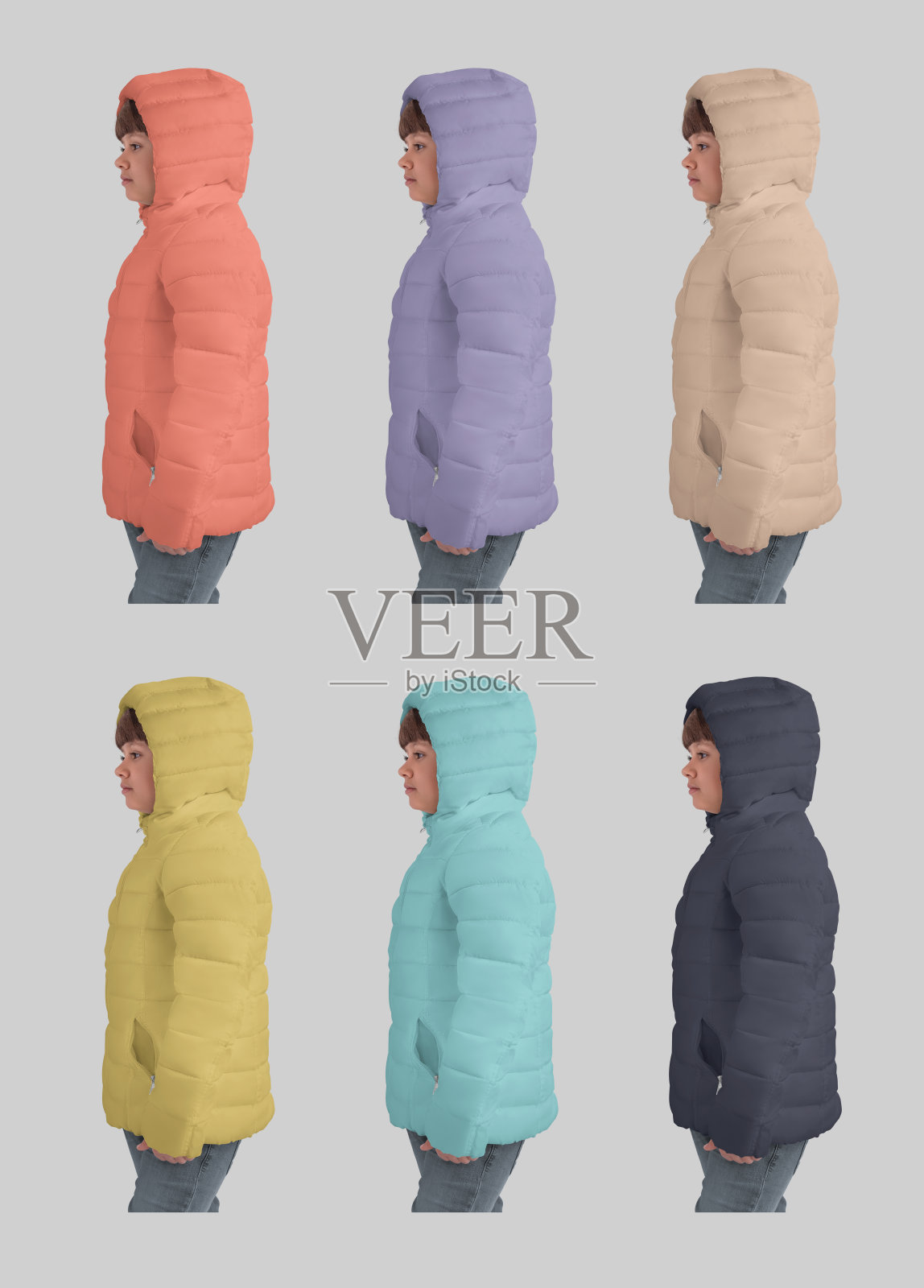 模板的一个彩色连帽羽绒服为一个孩子，侧视图，孤立的背景。集照片摄影图片