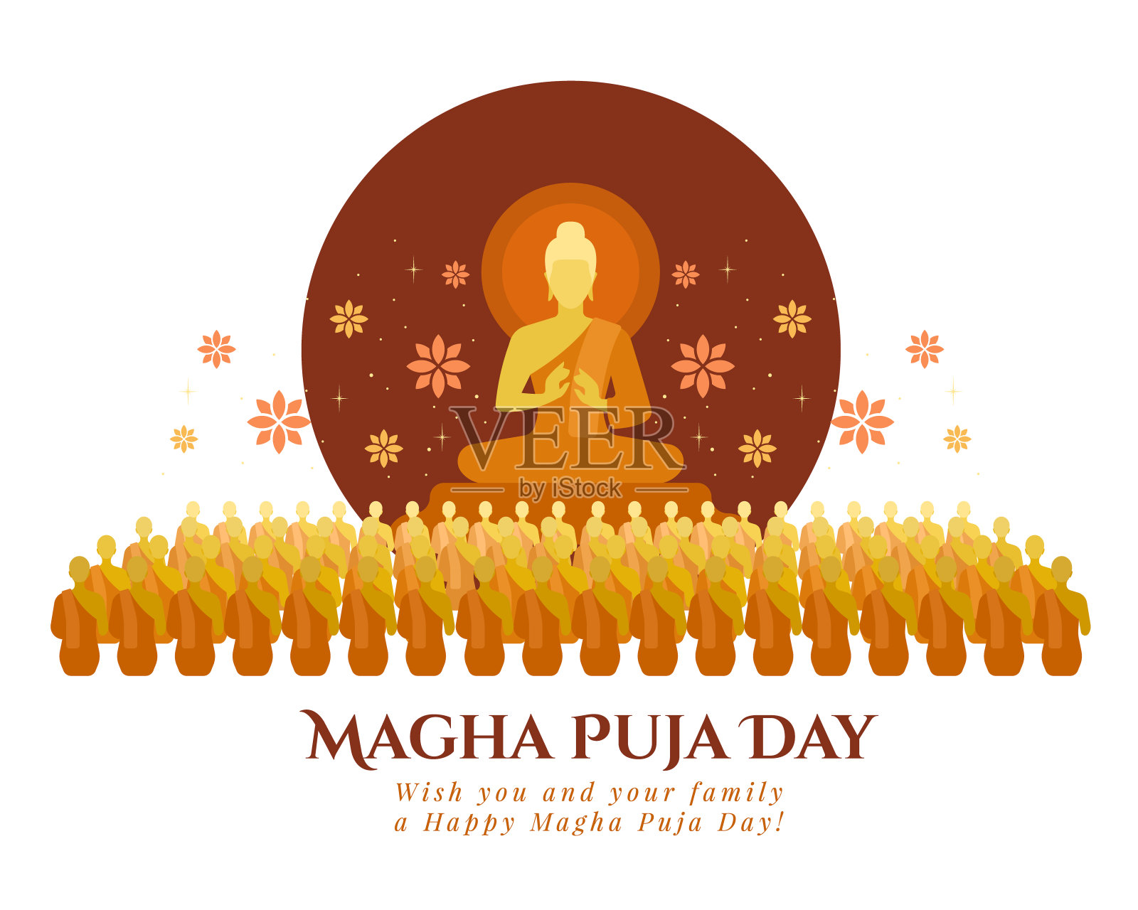 摩卡法会日——佛陀在满月之夜用莲花围绕矢量设计给予和宣讲1250名僧人插画图片素材