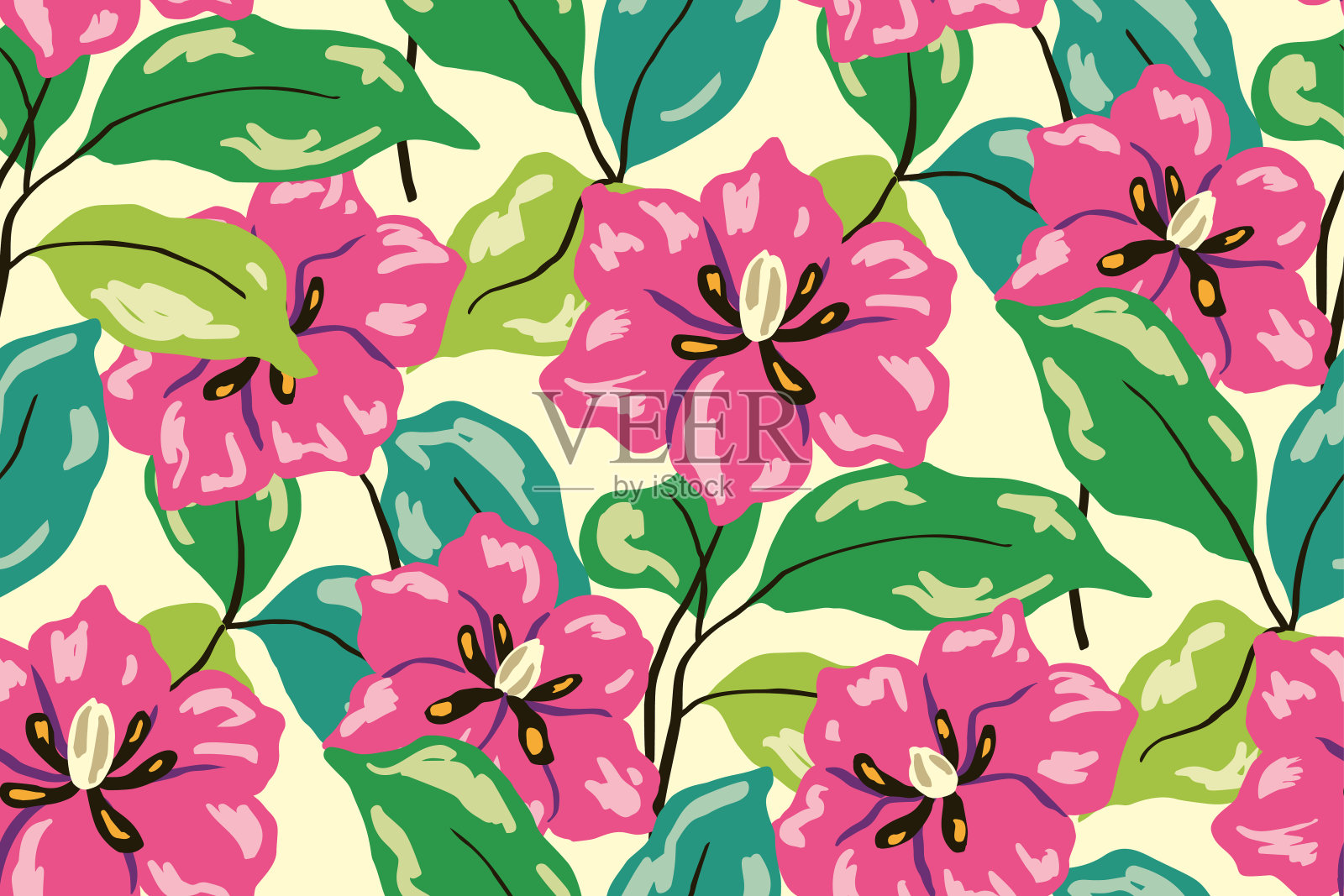 无缝的花卉图案，夏季丰富多彩的植物:大百合花，绿叶在抽象的安排。矢量图插画图片素材