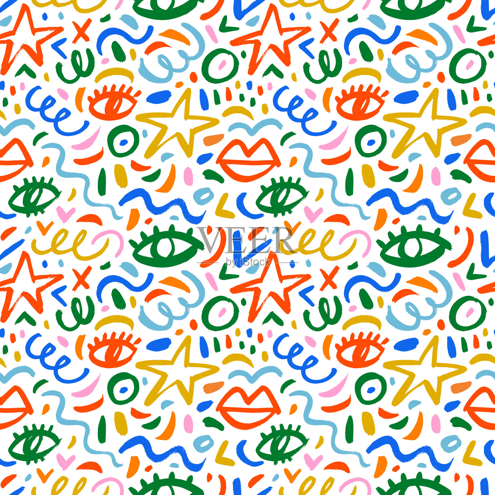 彩色古怪的涂鸦无缝图案与各种涂鸦形状和线条。插画图片素材