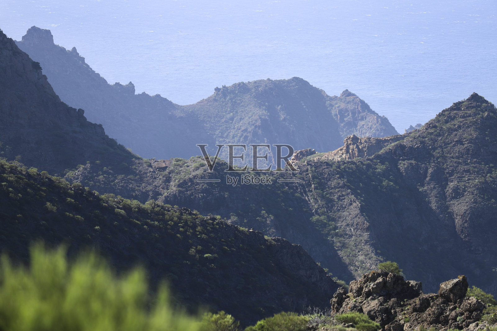 特内里费岛马斯卡村周围的美景。绿色的热带山脉和棕榈树照片摄影图片