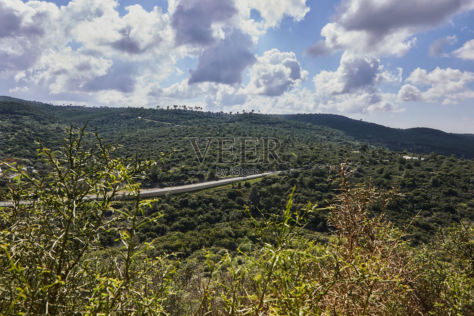 宁静的绿山和多云的蓝天景观，色彩鲜艳照片摄影图片