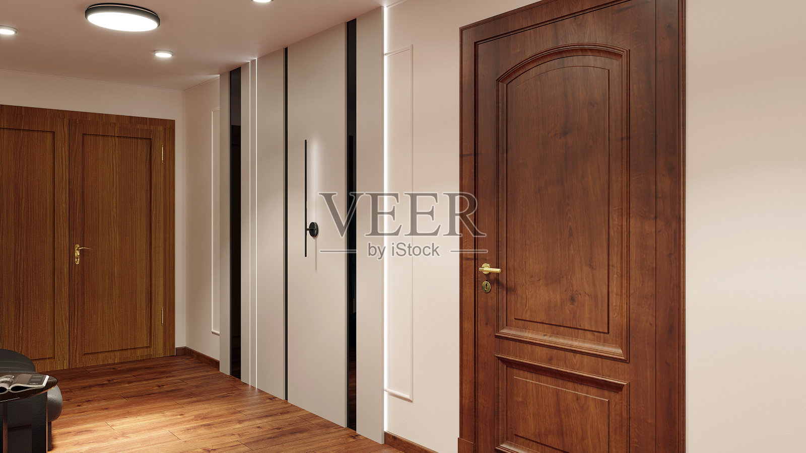 走廊墙板用LED照明3D渲染照片摄影图片