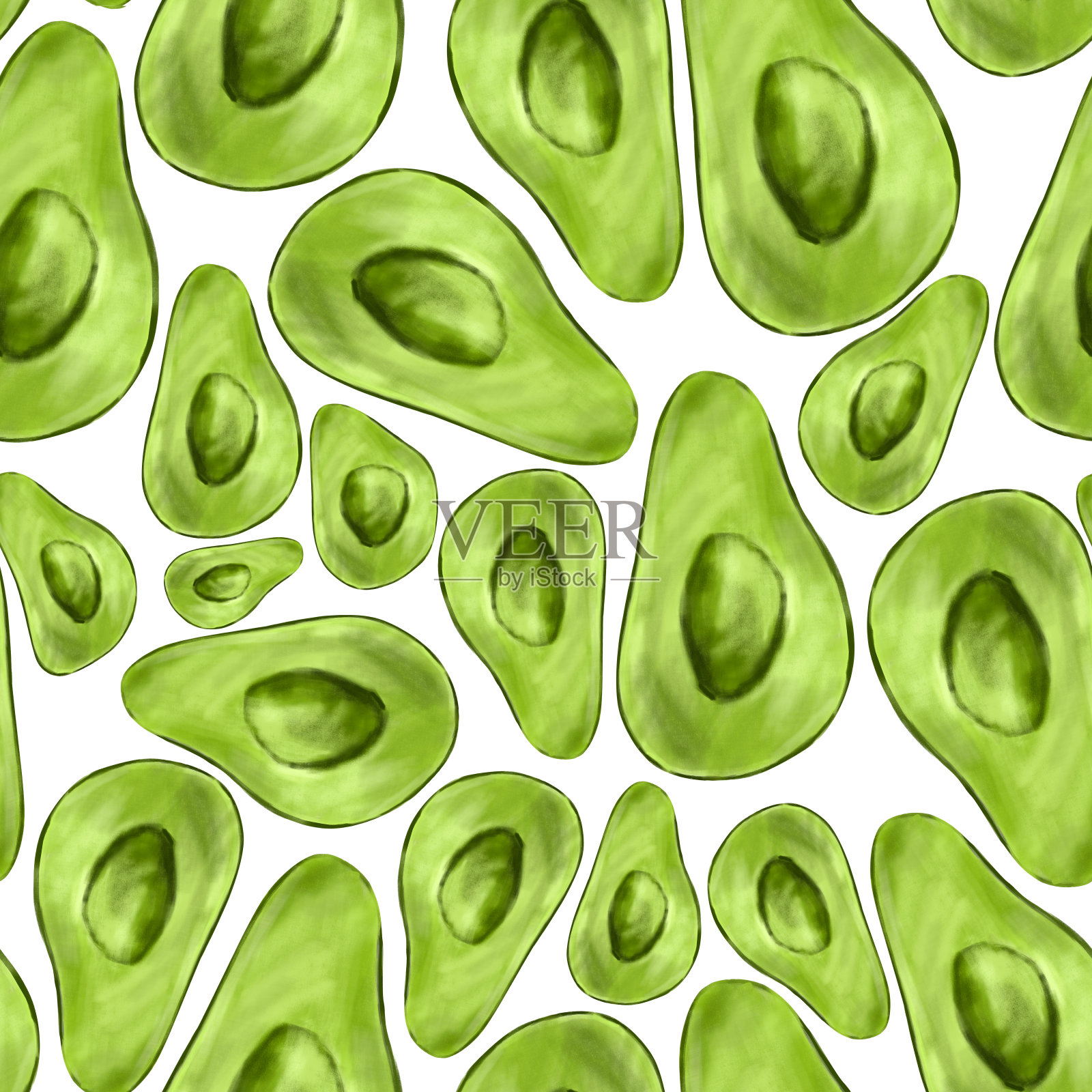 水彩无缝图案与鳄梨。绿色成熟的牛油果，牛油果切片，绿色多汁成熟的热带水果。牛油果图案插画图片素材