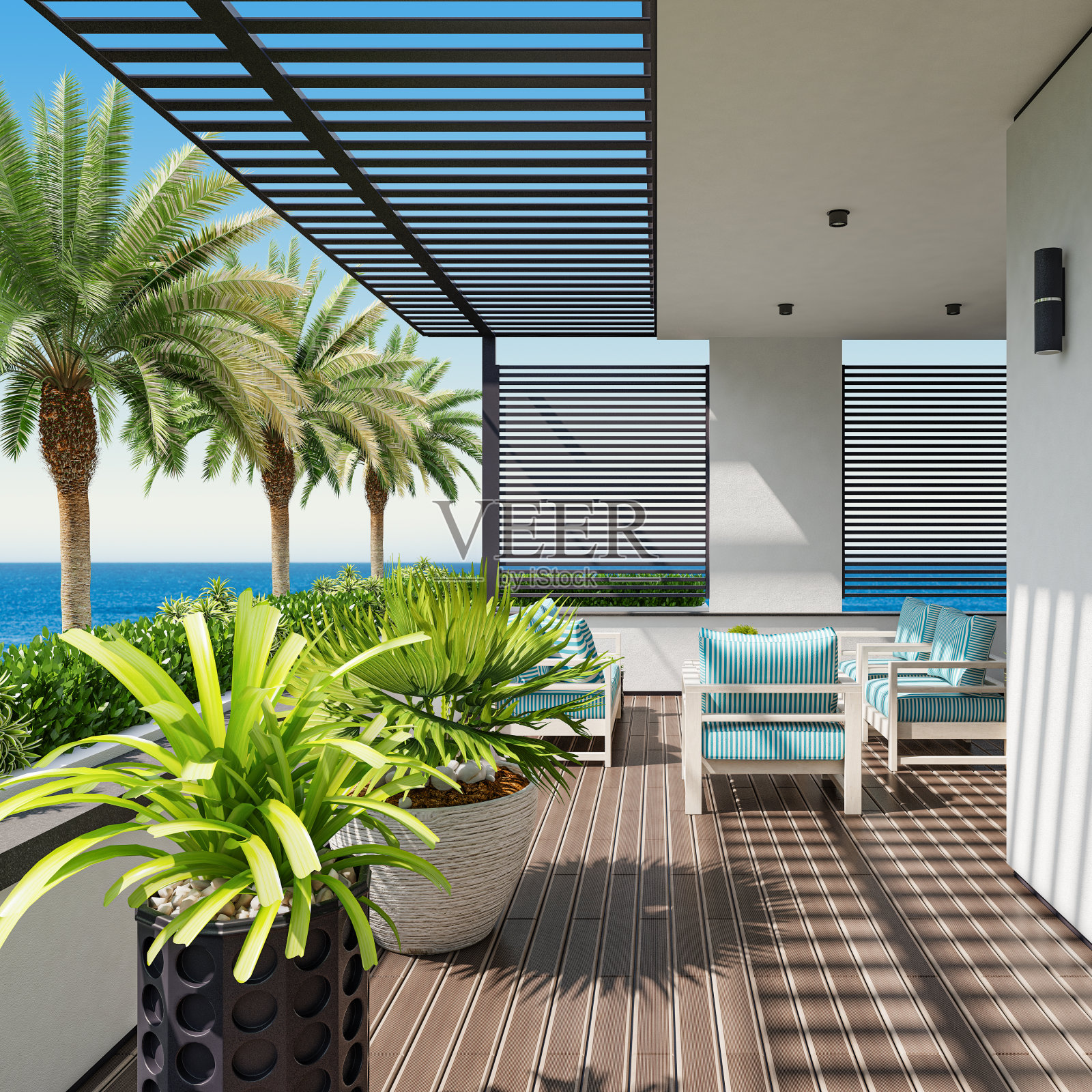 现代豪华别墅阳台海景照片摄影图片