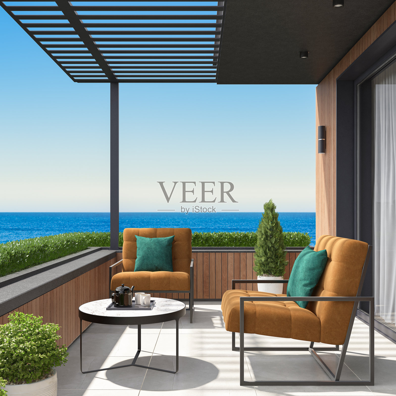 现代豪华别墅阳台海景照片摄影图片