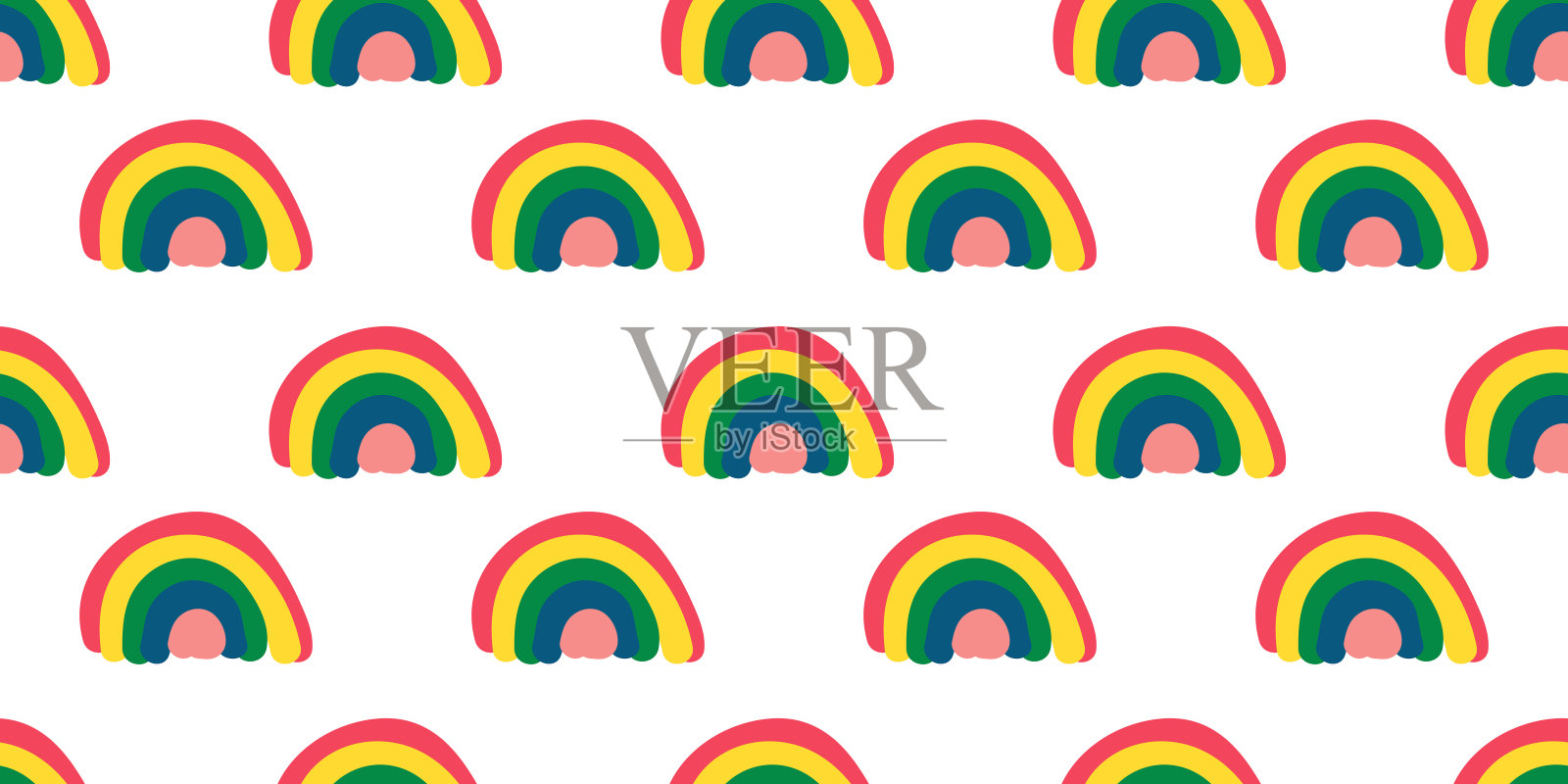 彩虹可爱的手绘儿童无缝图案在白色的背景。涂鸦孩子无尽的设计与简单的形状在极简风格的织物和服装。插画图片素材