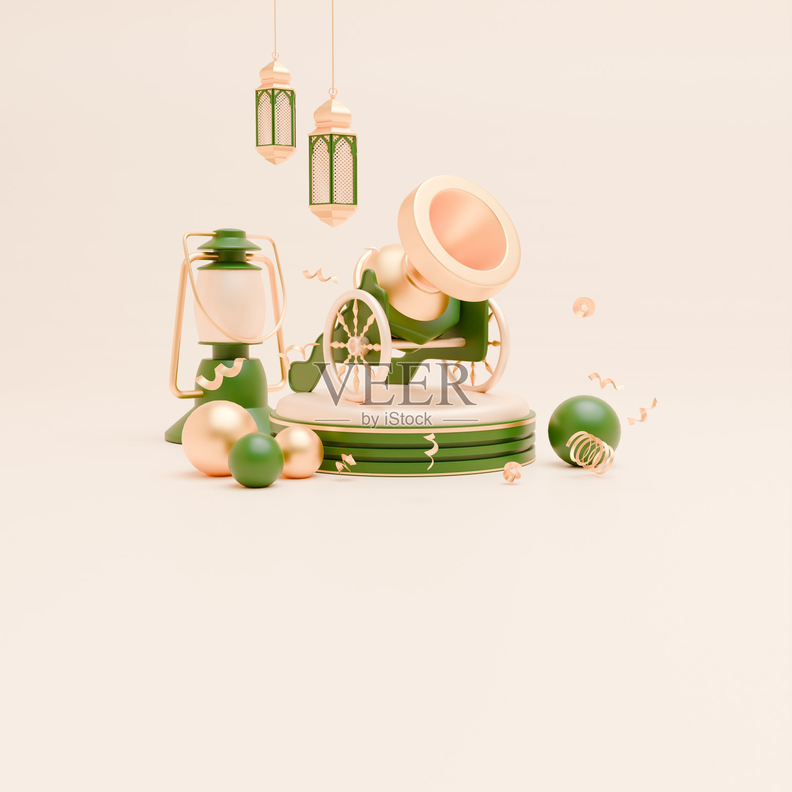 3D渲染斋月背景与大炮，灯笼和伊斯兰装饰的社交媒体帖子模板照片摄影图片