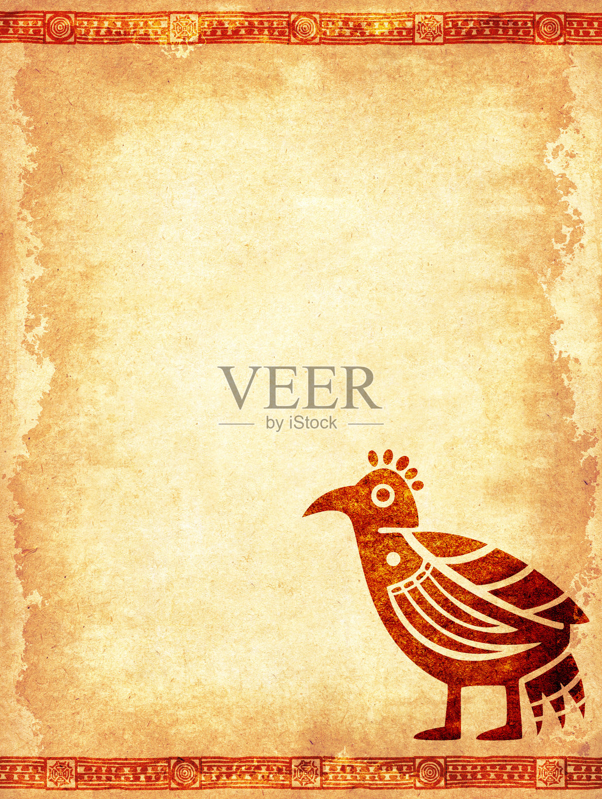 垂直grunge背景与边界和鸟，民族装饰和纸的纹理。复古背景与非洲部落图案框架。模拟模板。文本复制空间照片摄影图片