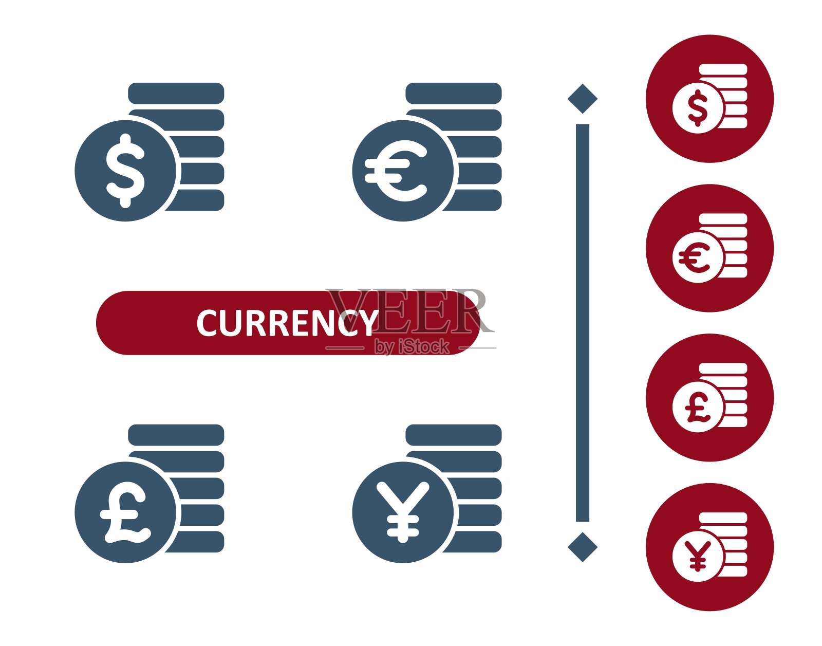 货币的图标。美元，欧元，英镑，英镑，日元，人民币，硬币，硬币图标插画图片素材