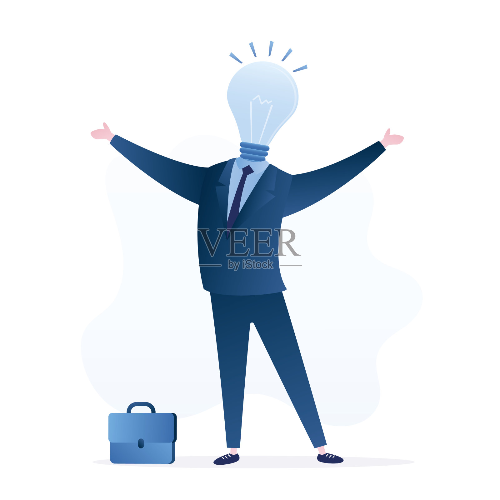 商人用发光的灯泡代替头。提出新的想法。一个大的解决方案和创意。创造力，头脑风暴和想象力概念。插画图片素材