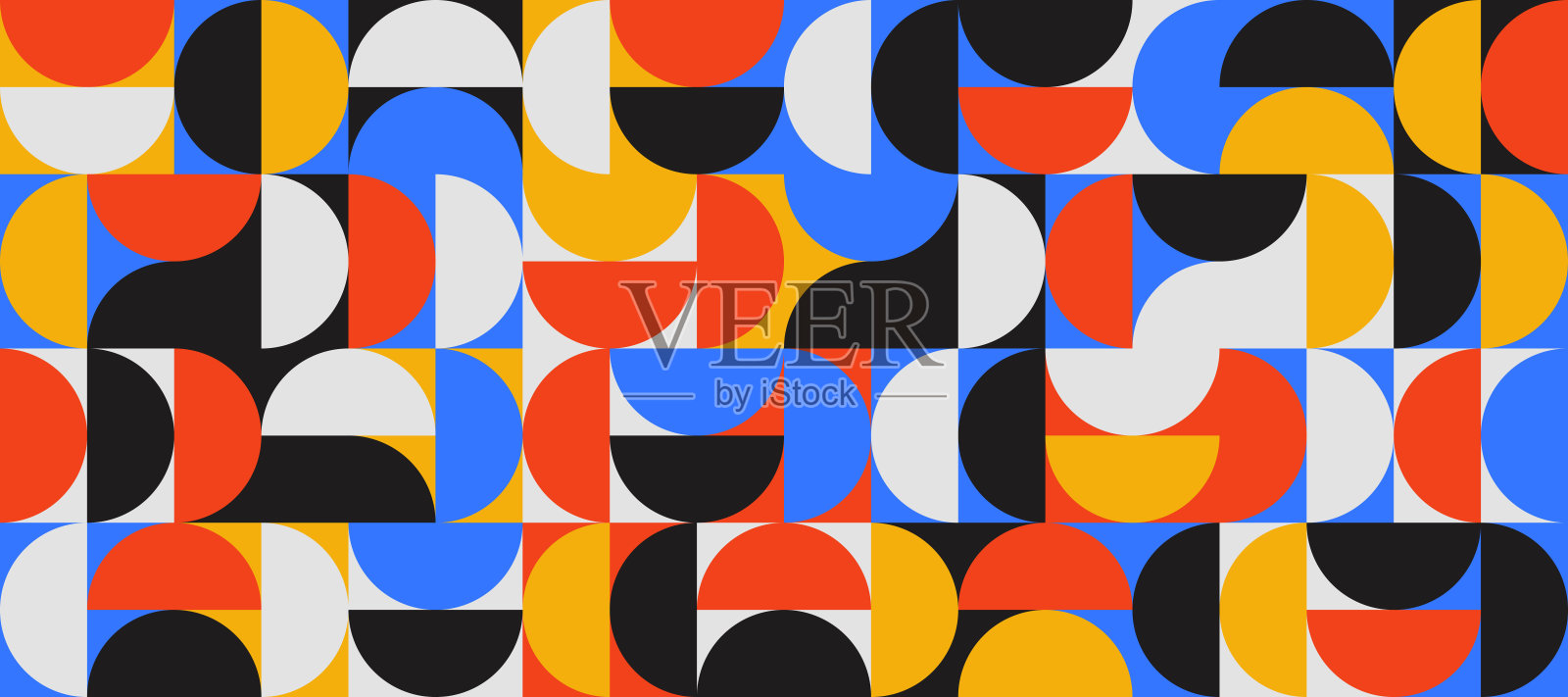 明亮的半圆形无缝图案。抽象几何半圆和正方形背景。色彩缤纷的瑞士现代主义或后现代风格壁纸。矢量红色，蓝色，黑色模块化重复背景插画图片素材