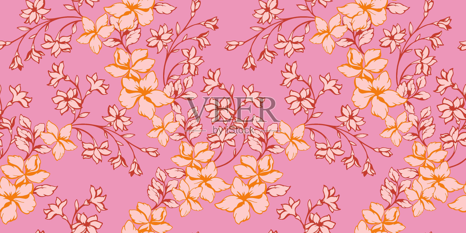 盛开抽象艺术枝野花无缝图案。矢量手绘。单调的粉红色风格化的花茎背景。拼贴模板用于印刷，图案，纺织，织物插画图片素材