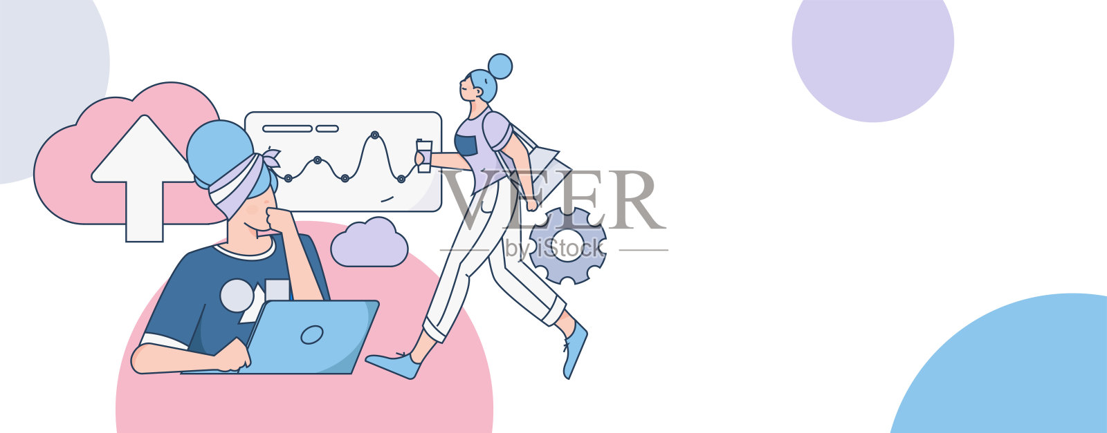 平面矢量插图的业务人员操作的工作场景插画图片素材