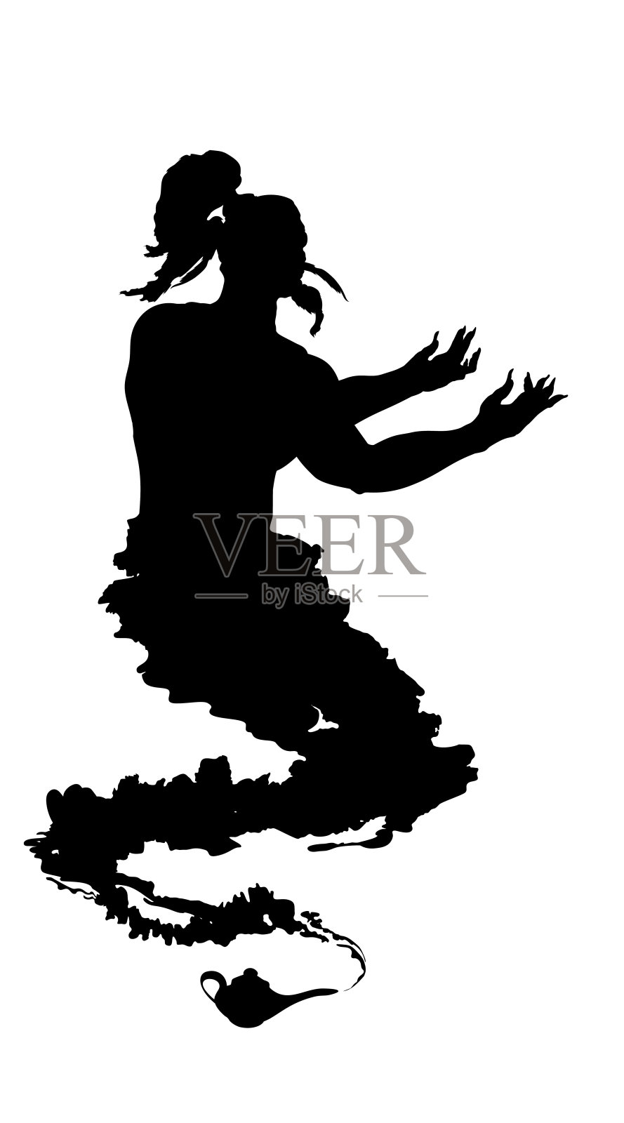 阿拉伯精灵灯黑色轮廓孤立在白色背景。东方童话中的英雄人物轮廓。插图插画图片素材