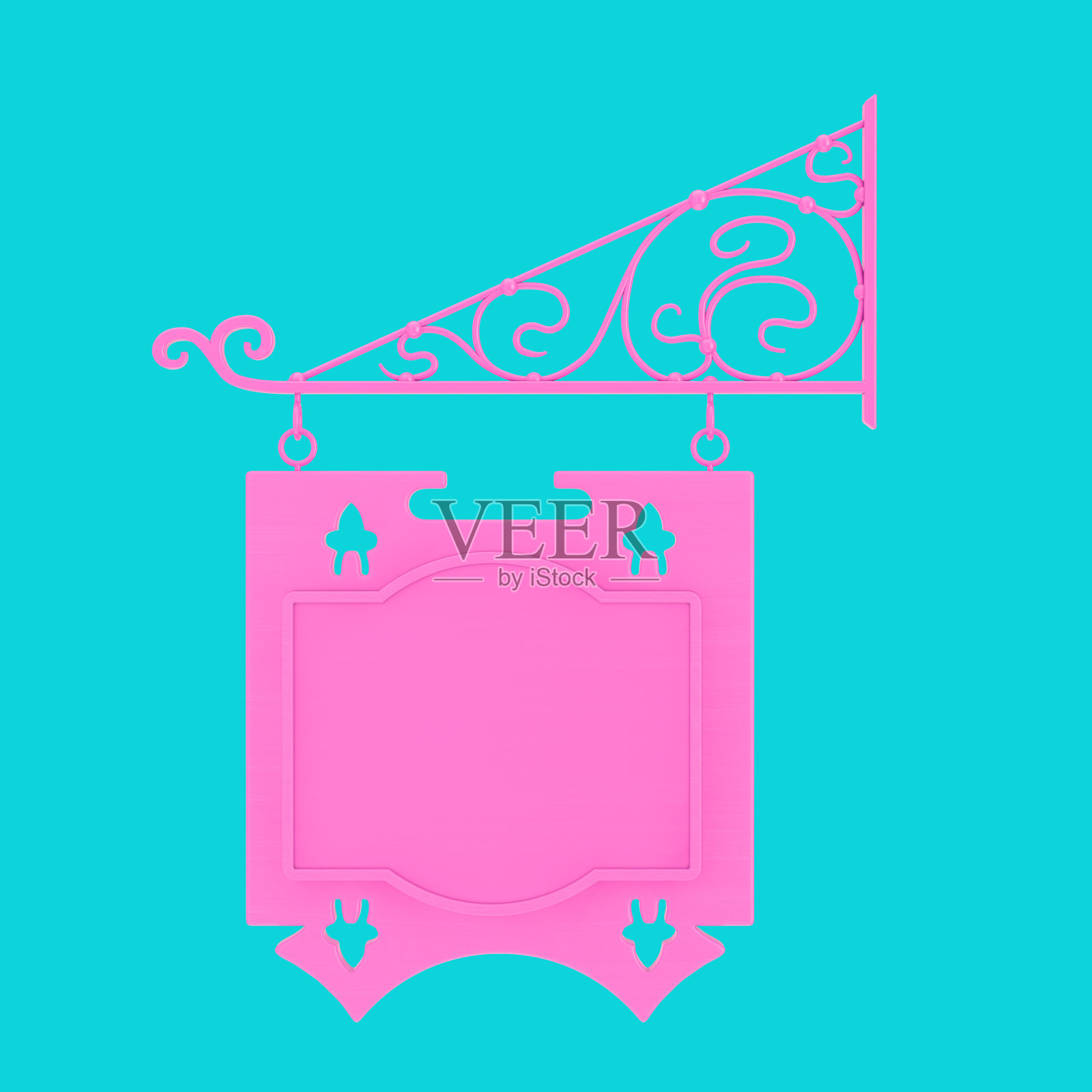 空白单色粉色悬挂标志与自由空间为您的设计和花卉锻造元素在双色风格。3d渲染照片摄影图片