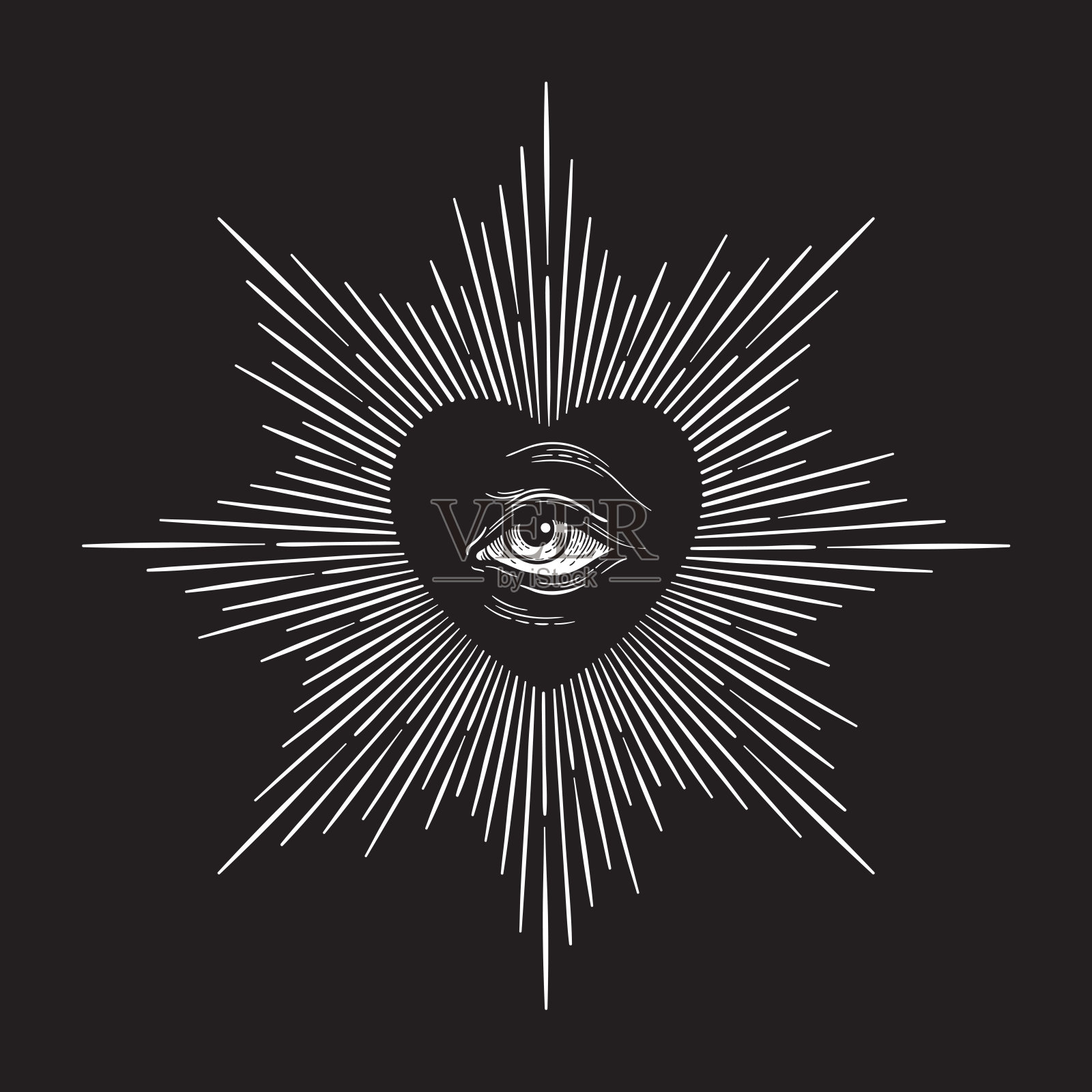 所有看到上帝的眼睛在神圣的心与光线太阳爆发手绘制孤立的矢量插图。黑色工作，闪光纹身或印刷设计插画图片素材